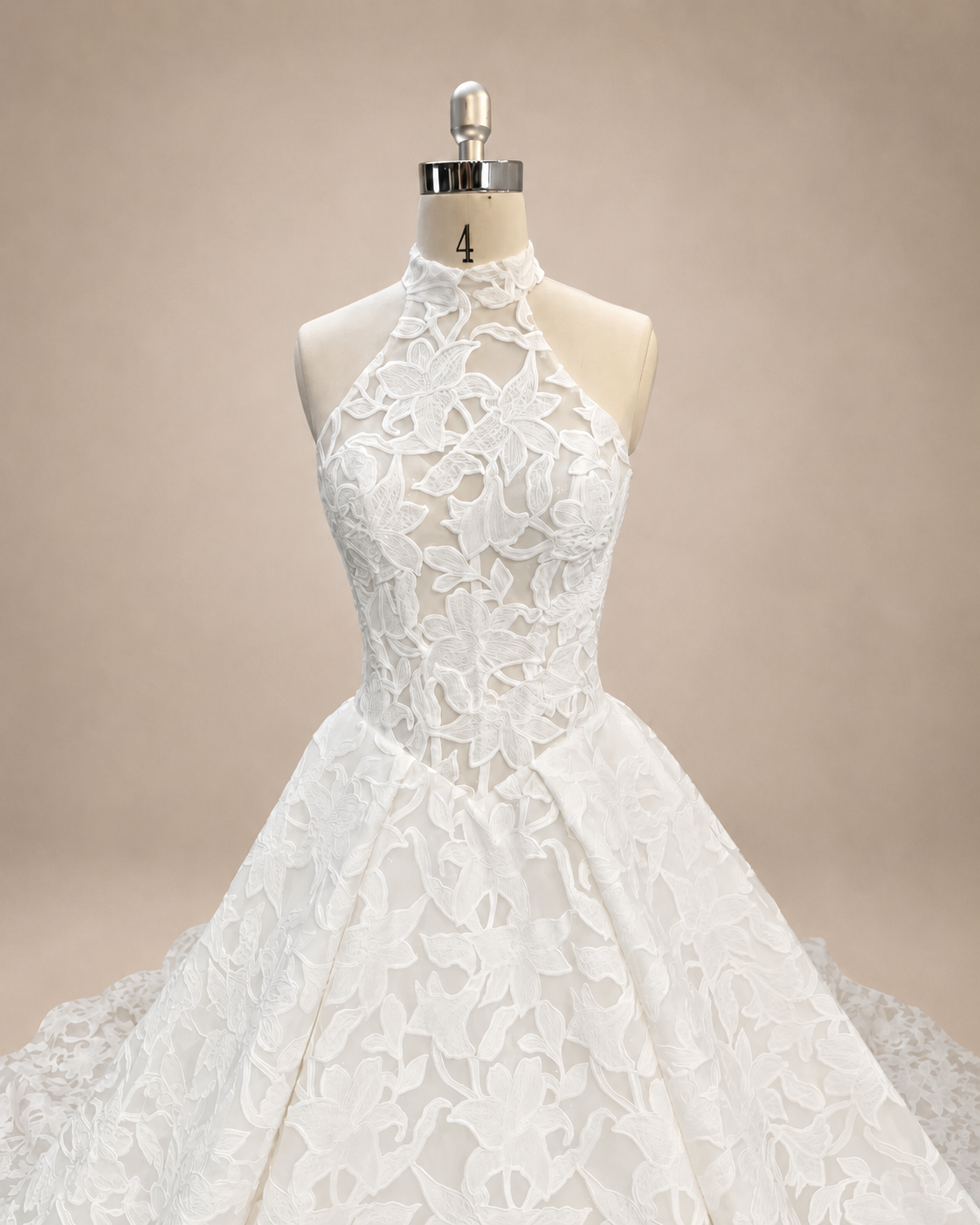 Solenne off-white halter embroidered lace A-line wedding dress with structured illusion bodice