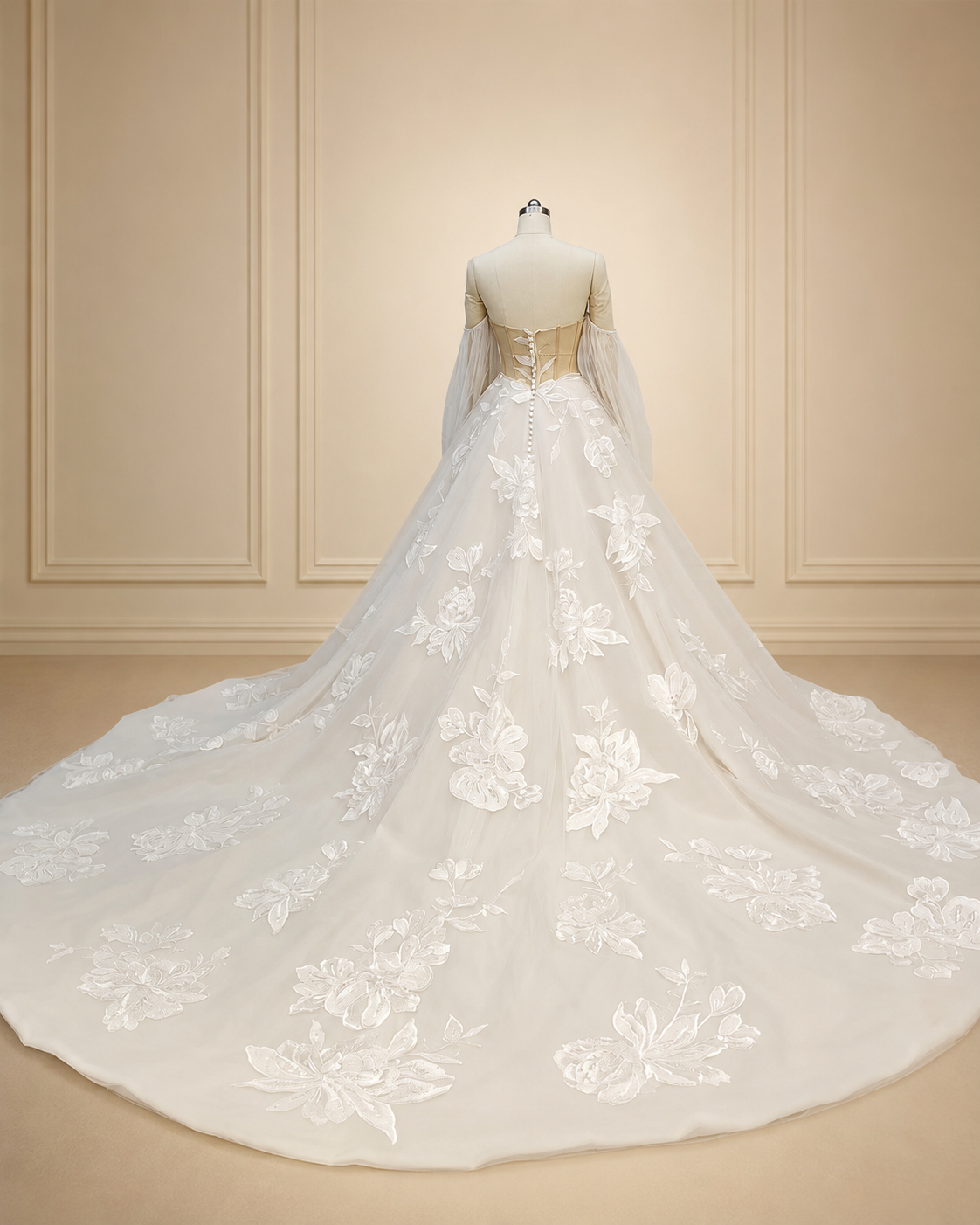 Back view of Florienne off-white floral embroidered A-line wedding dress with chapel train