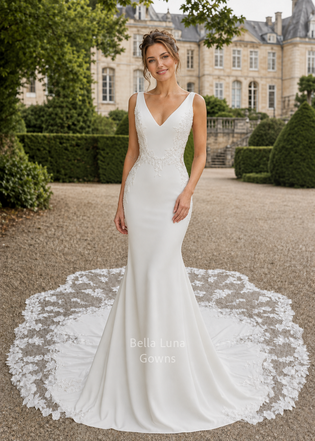 valessine-satin-fit-and-flare-wedding-dress-front.webp
Alt: Valessine satin fit-and-flare wedding dress with V-neckline and beaded floral appliqués