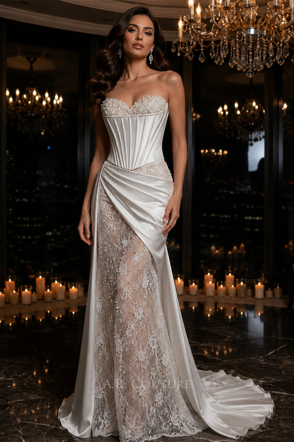 The Pearl Blossom strapless bridal corset top styled with wide-leg trousers for rehearsal dinner outfit