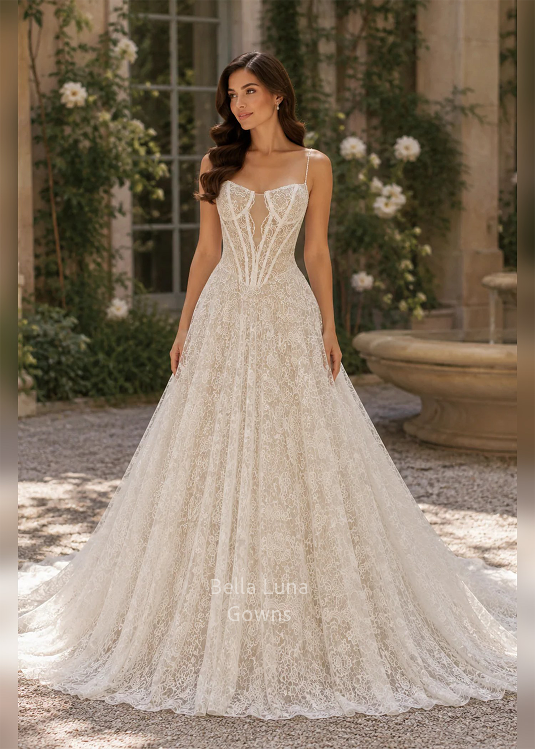 A woman wearing a voluminous lace wedding gown stands outdoors in a garden courtyard with stone architecture and greenery in the background.