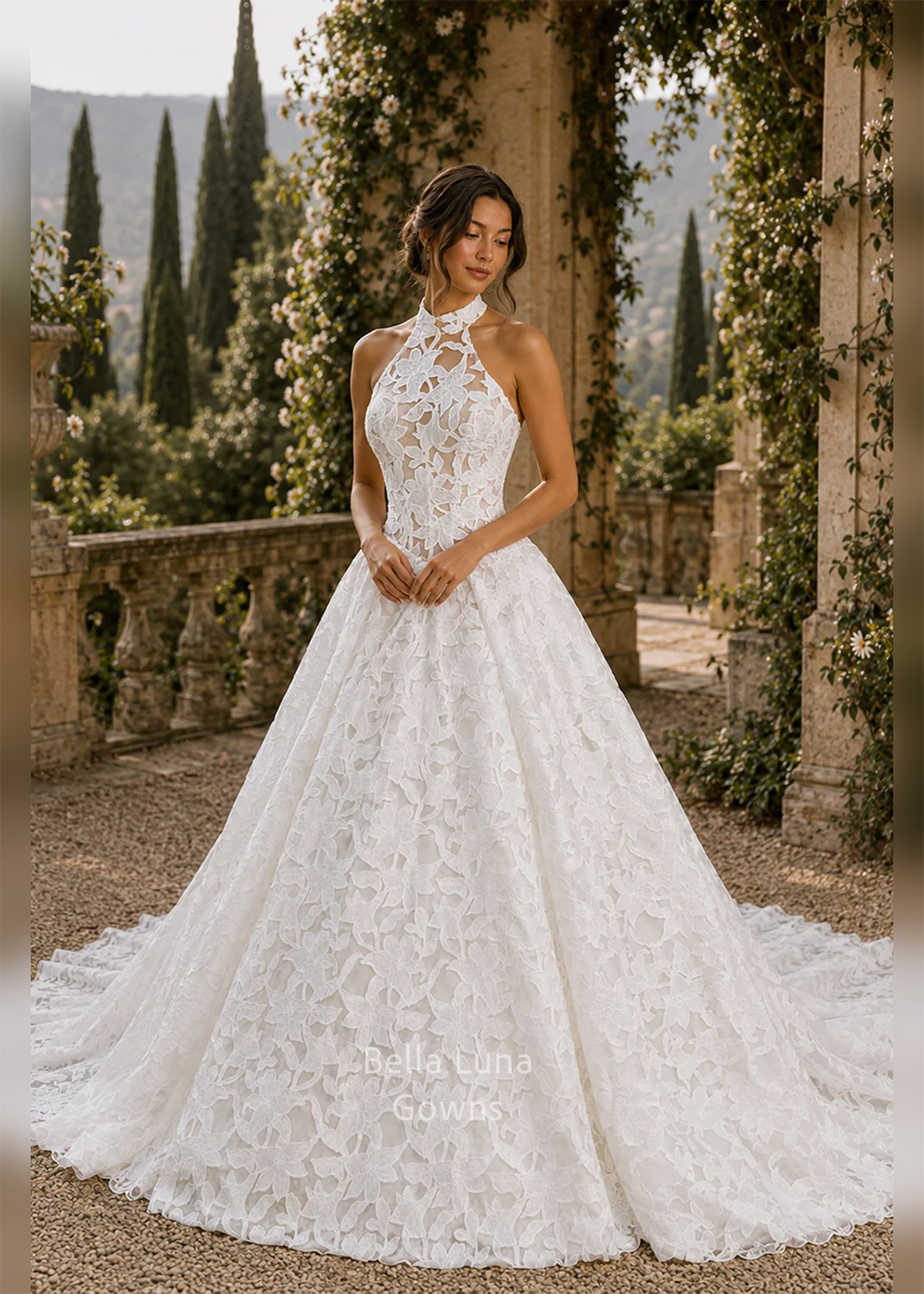 Full front view of Solenne halter floral lace A-line wedding dress with allover botanical embroidery on a model