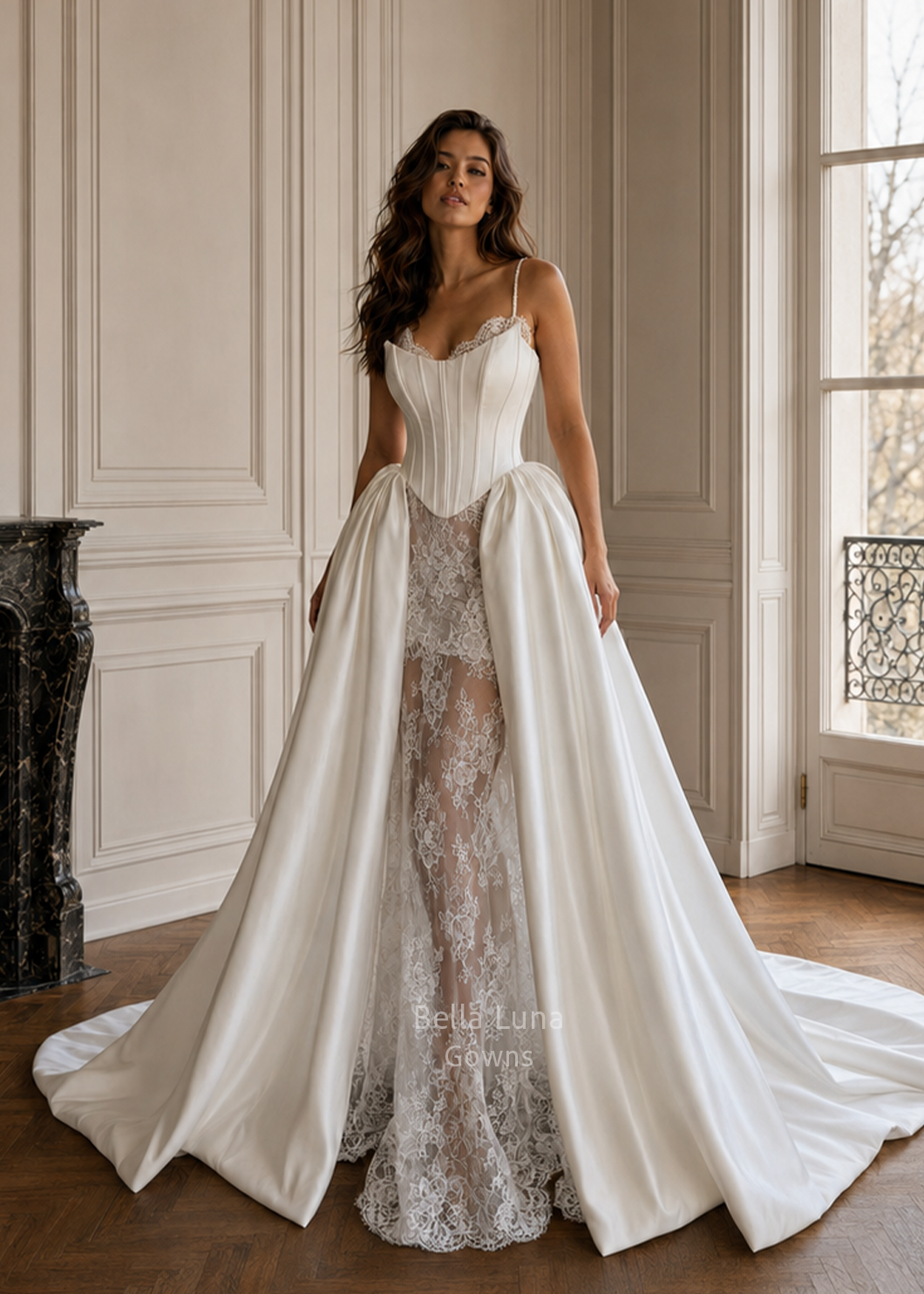 Amélie convertible French lace wedding dress with detachable Mikado corset overskirt, full front view on a model