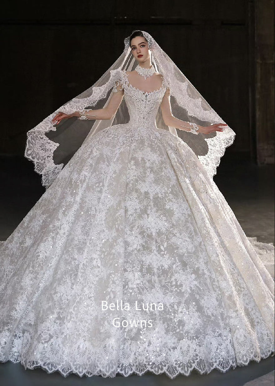 Full front view of Evangeline off-white bridal ball gown with sequin-beaded French lace, full skirt, choker, and veil
