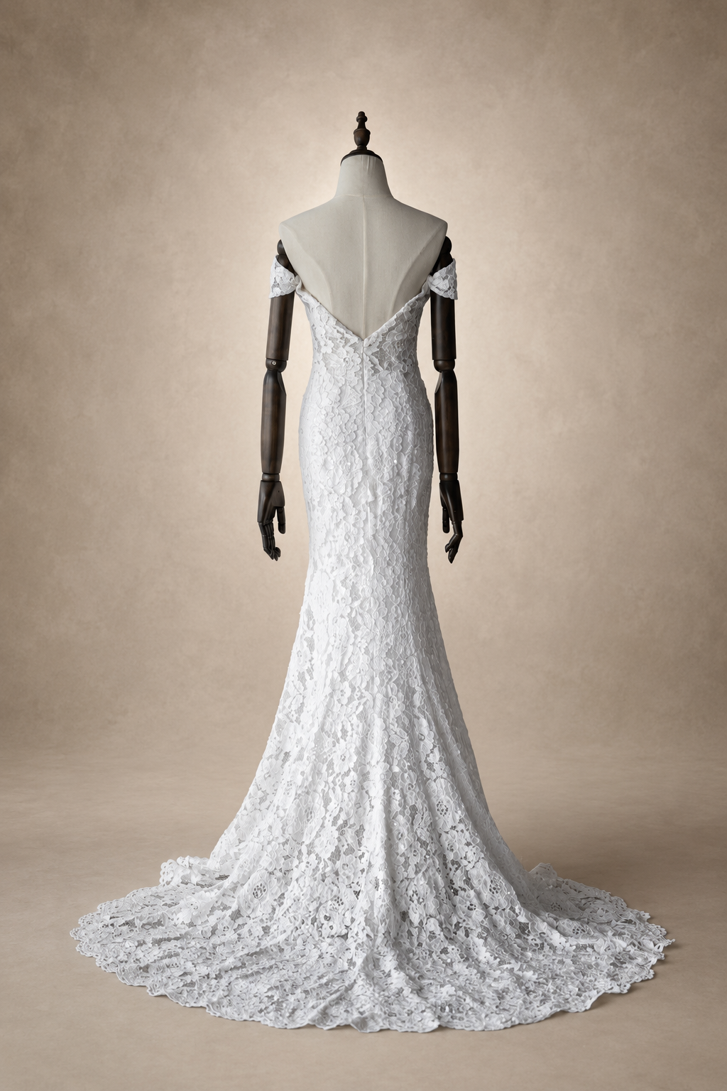 Back of Sienna mermaid wedding dress with deep V neckline and covered buttons