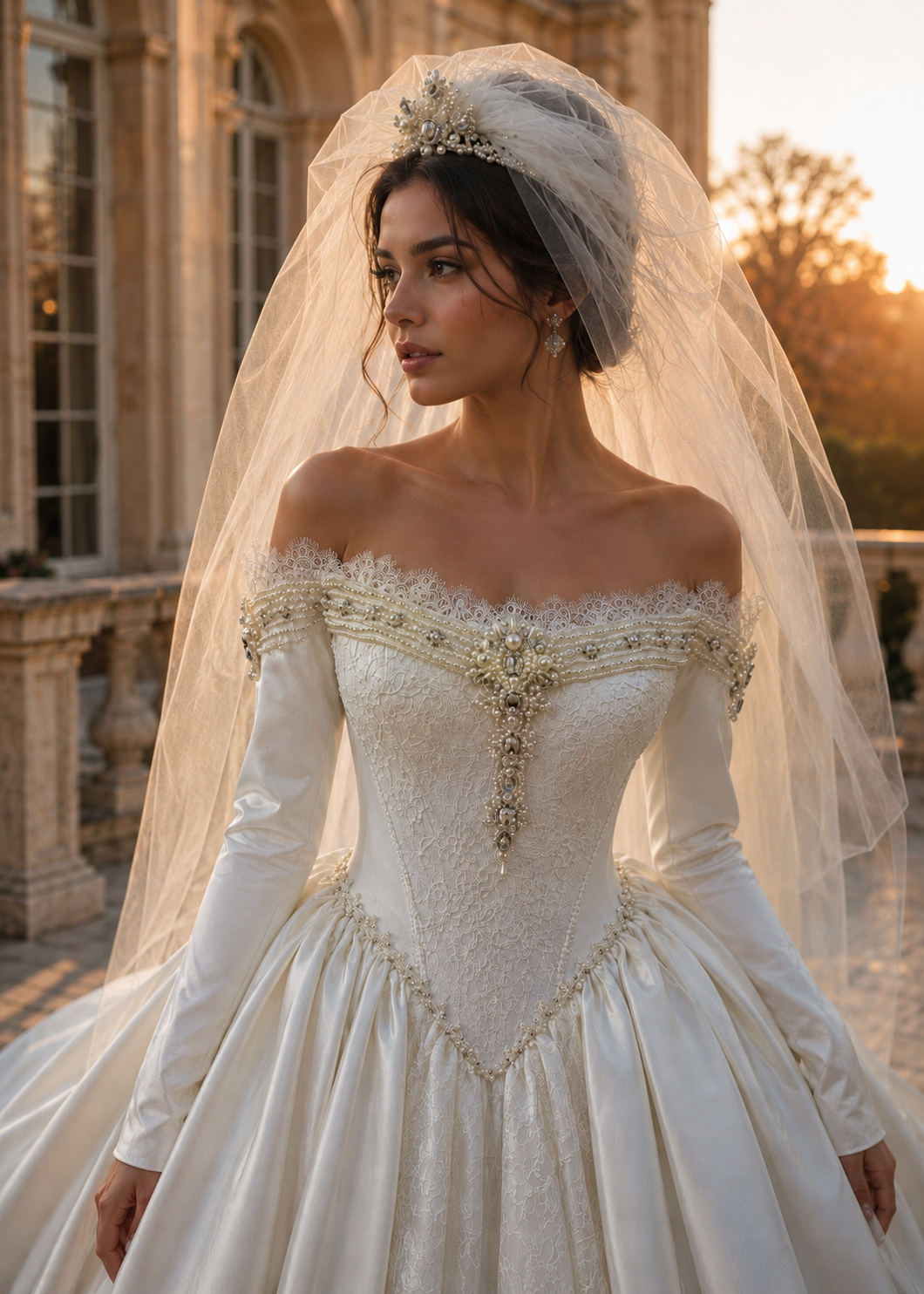 Close-up of Charlotte's extended basque waist corset crafted from premium Mikado satin with corded French lace, pearl beadwork, detachable sleeves and matching cathedral veil.