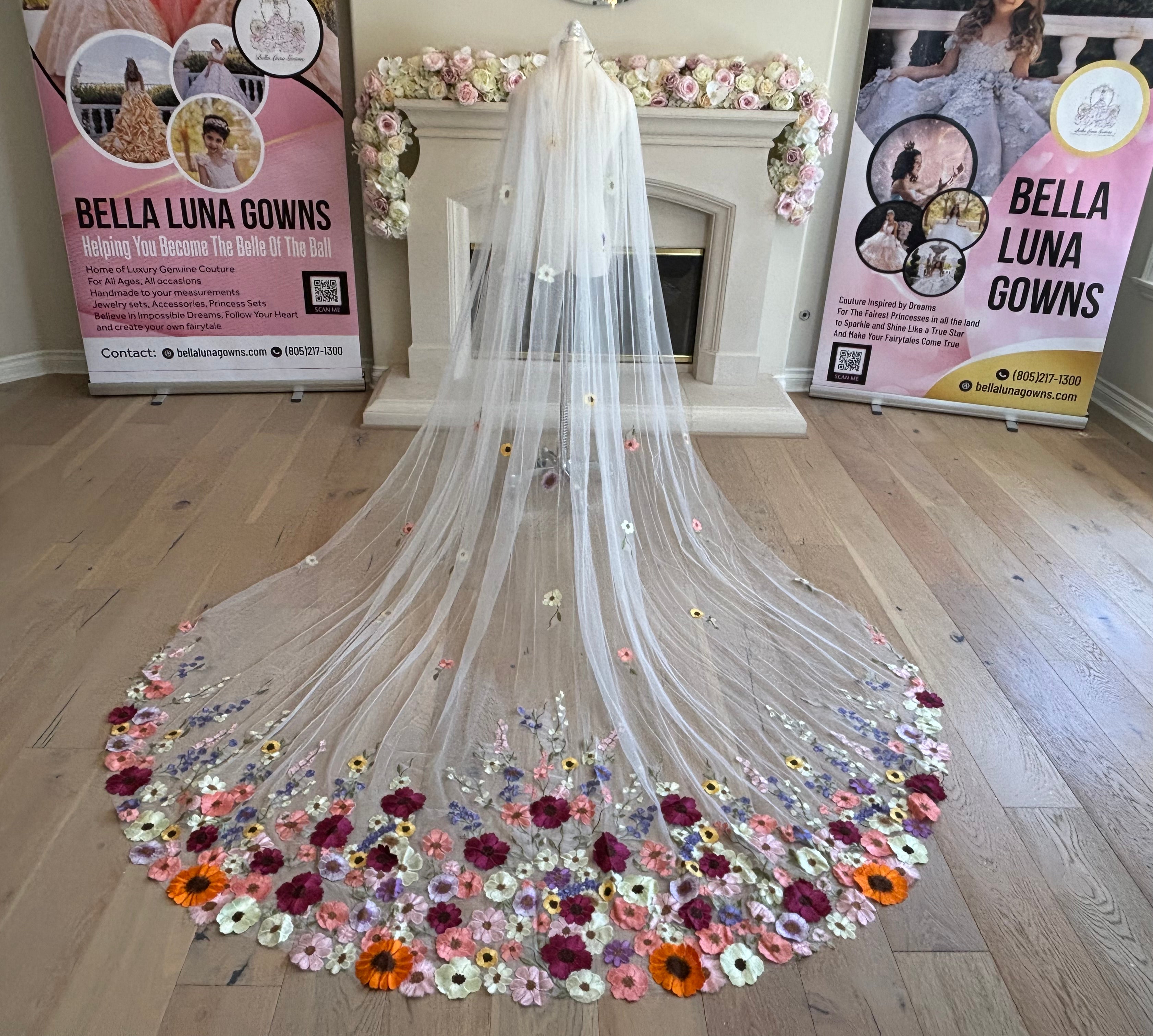 Meadow Reverie colorful embroidered floral wedding veil displayed at full custom length