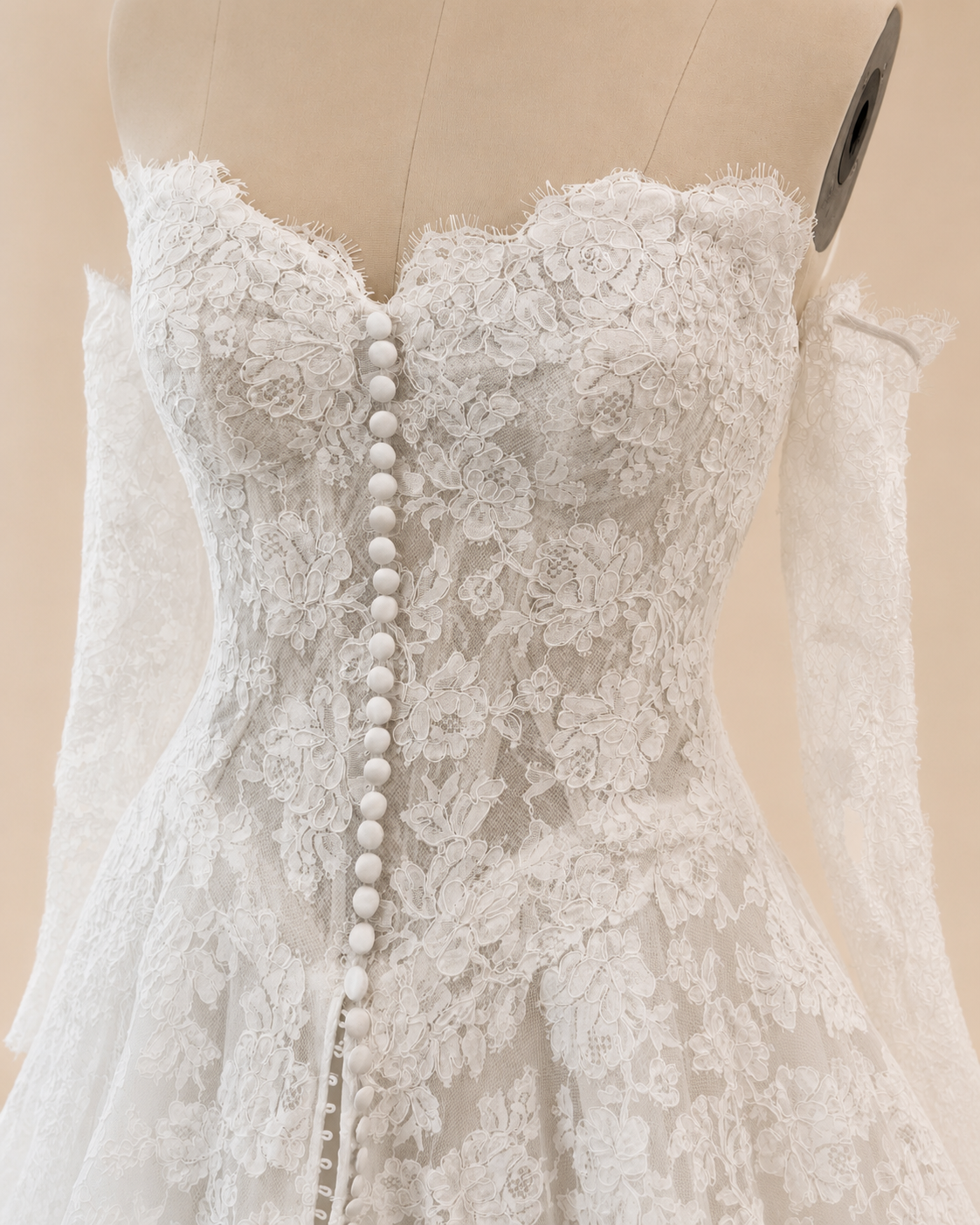 Estelle corded French lace wedding dress bodice with sweetheart neckline, drop basque waist and decorative front buttons