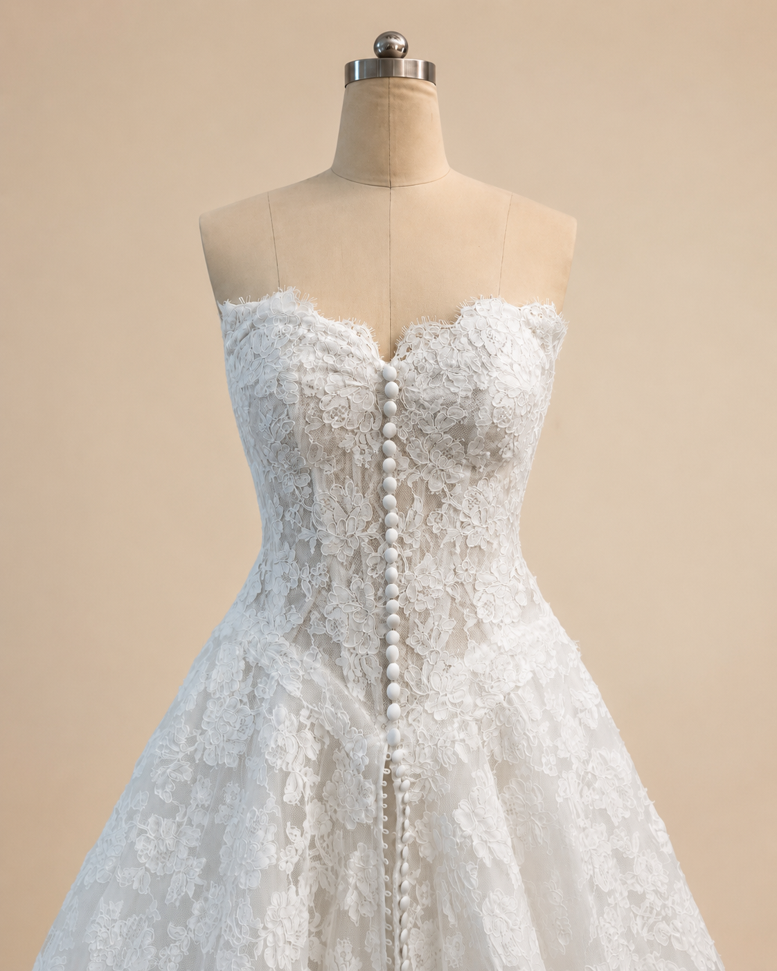 Estelle corded French lace wedding dress bodice with sweetheart neckline, drop basque waist and decorative front buttons