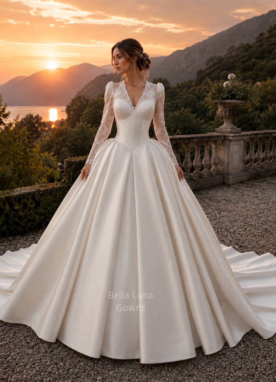 Victoria off-white Mikado bridal gown with French lace V-neckline and long lace sleeves