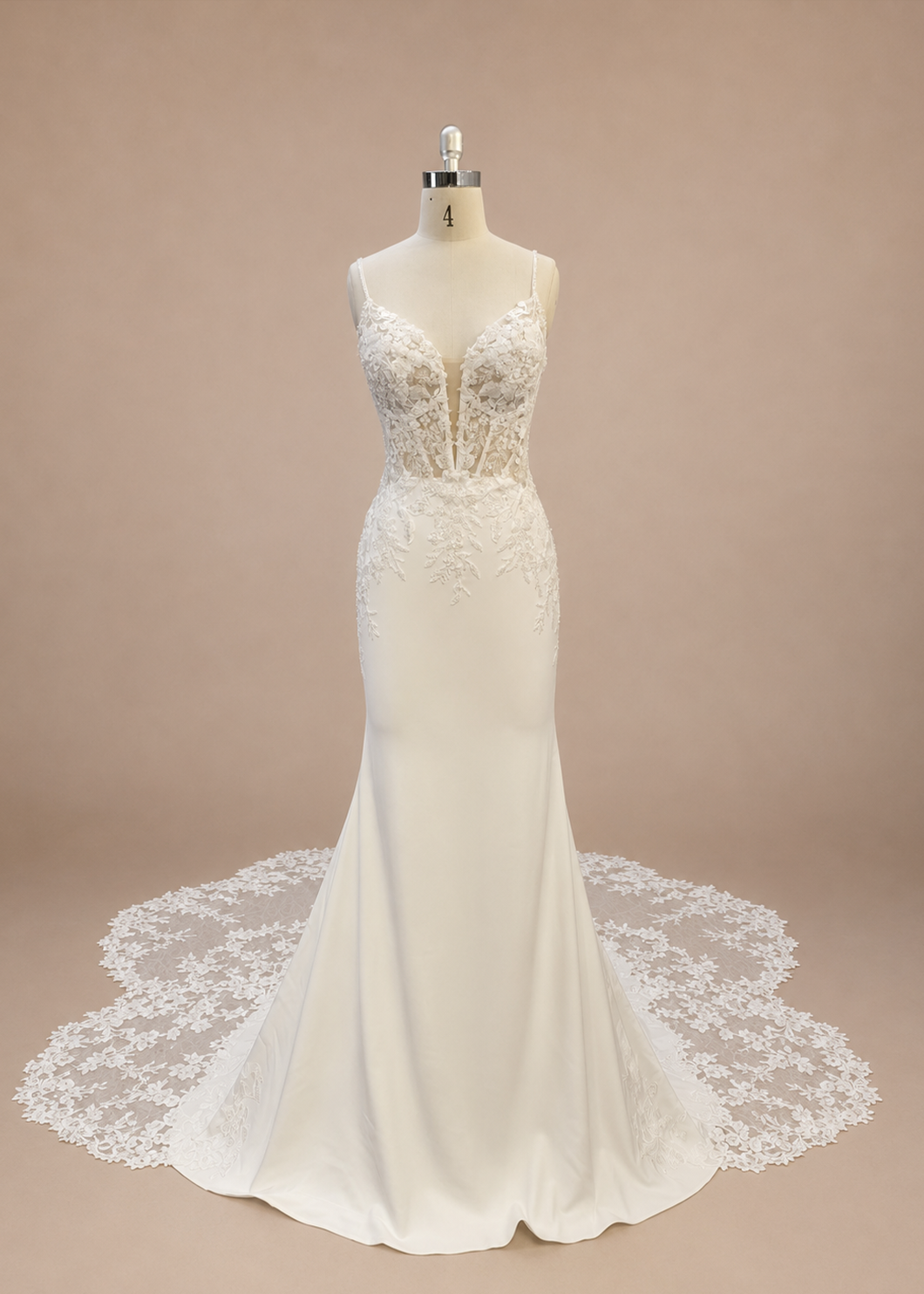 Full front view of Avelisse fitted satin wedding gown with plunging V-neck floral lace bodice