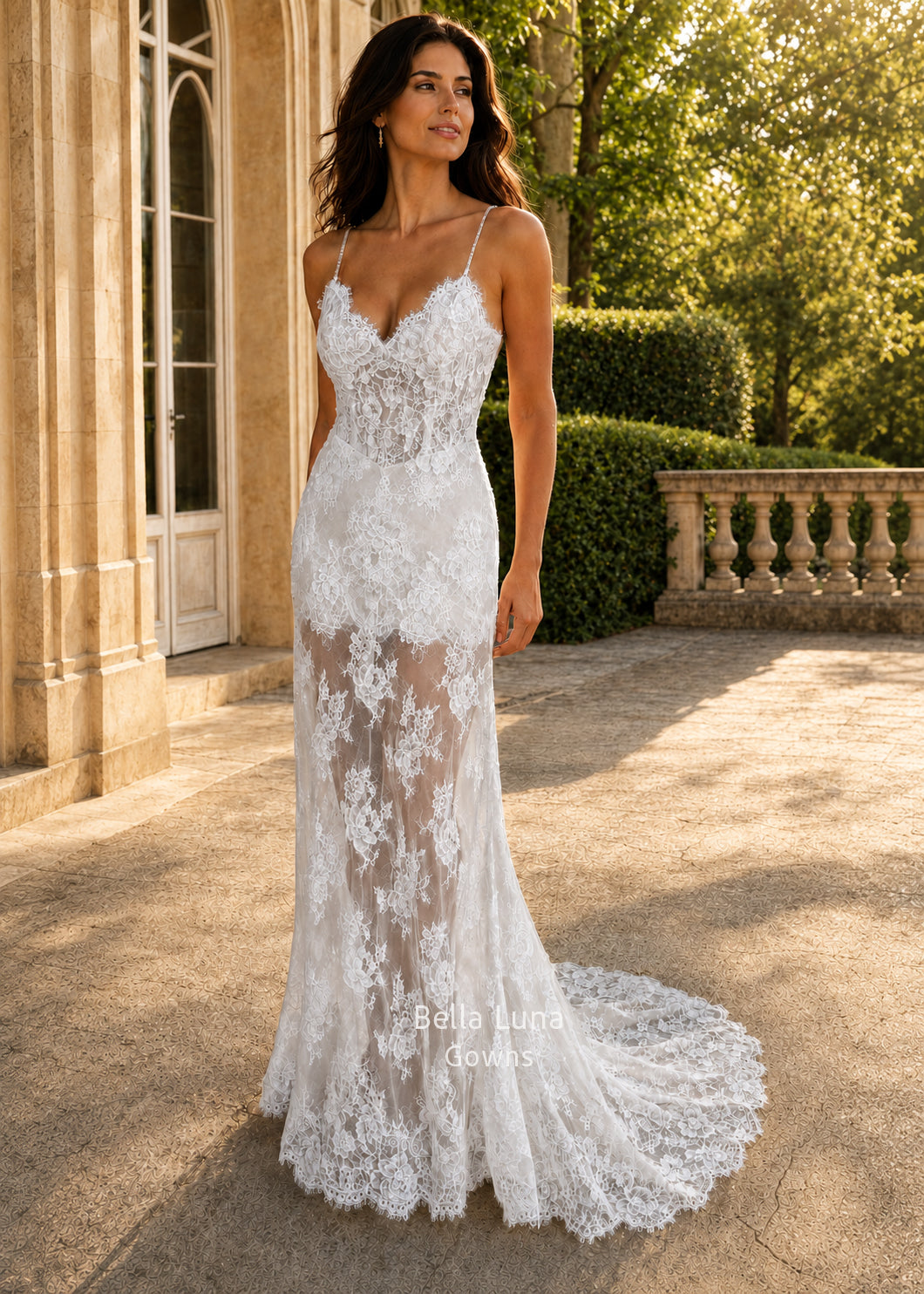 Amélie French floral lace fit-and-flare wedding dress shown without the detachable satin overskirt on the model