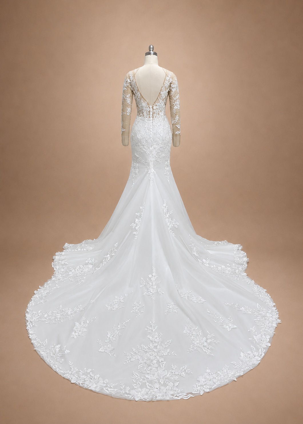 Mélisande Back view - lace wedding dress with deep illusion V, corset lacing and dramatic long train
