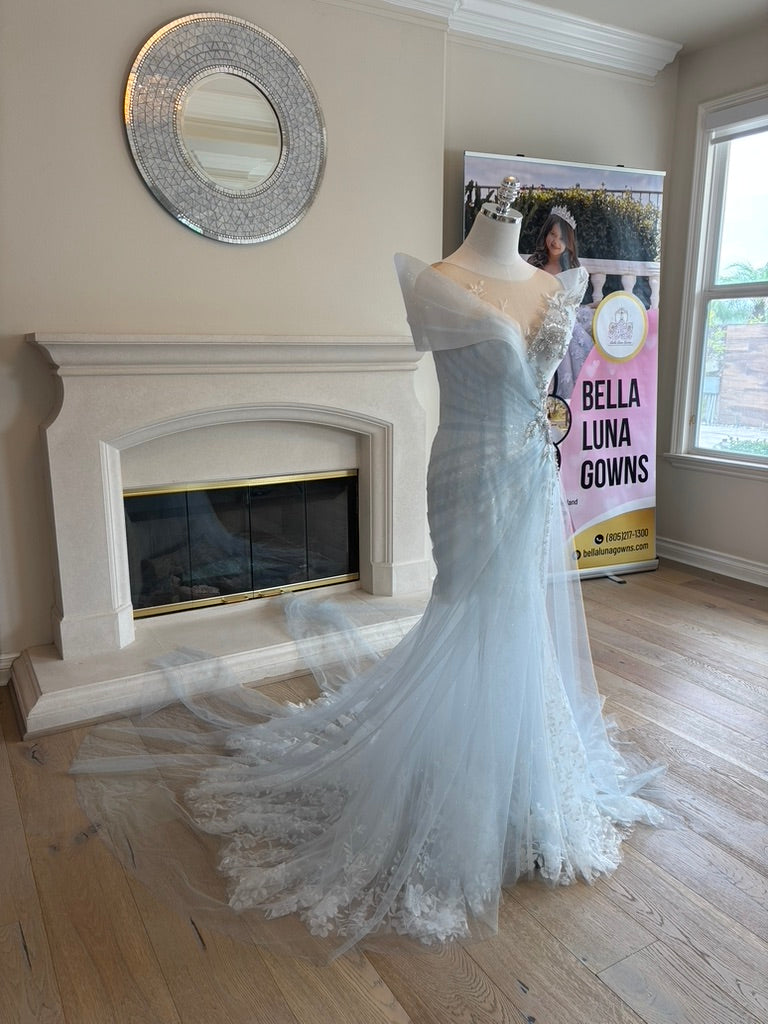 full angled front view Ondine fit-and-flare wedding dress with layered ombre tulle