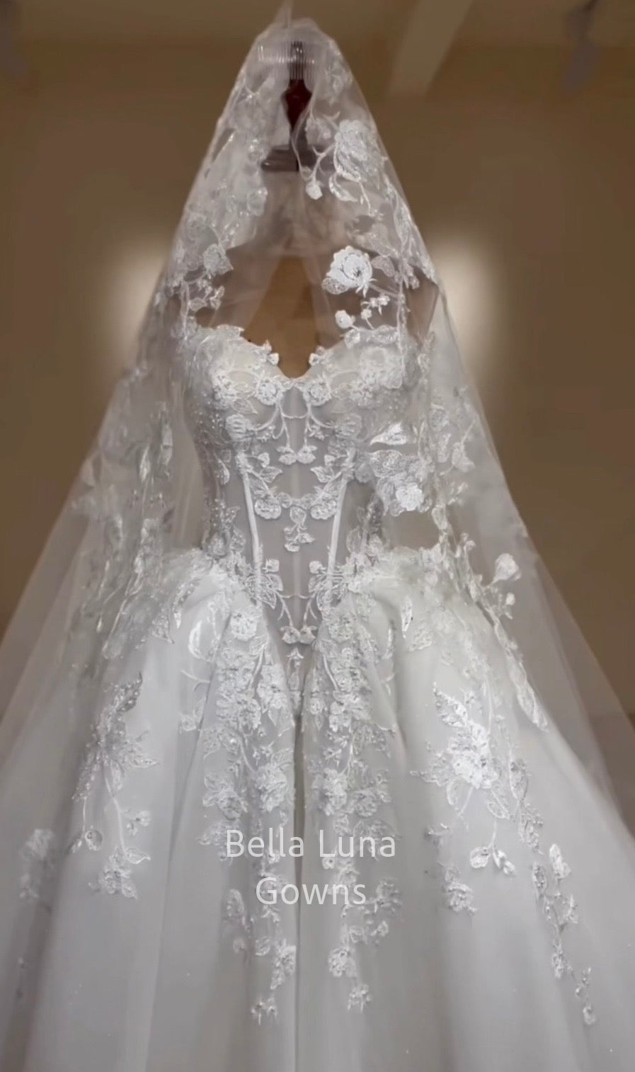 Arabella Shimmer sweetheart corset bodice styled under matching floral lace veil sold separately