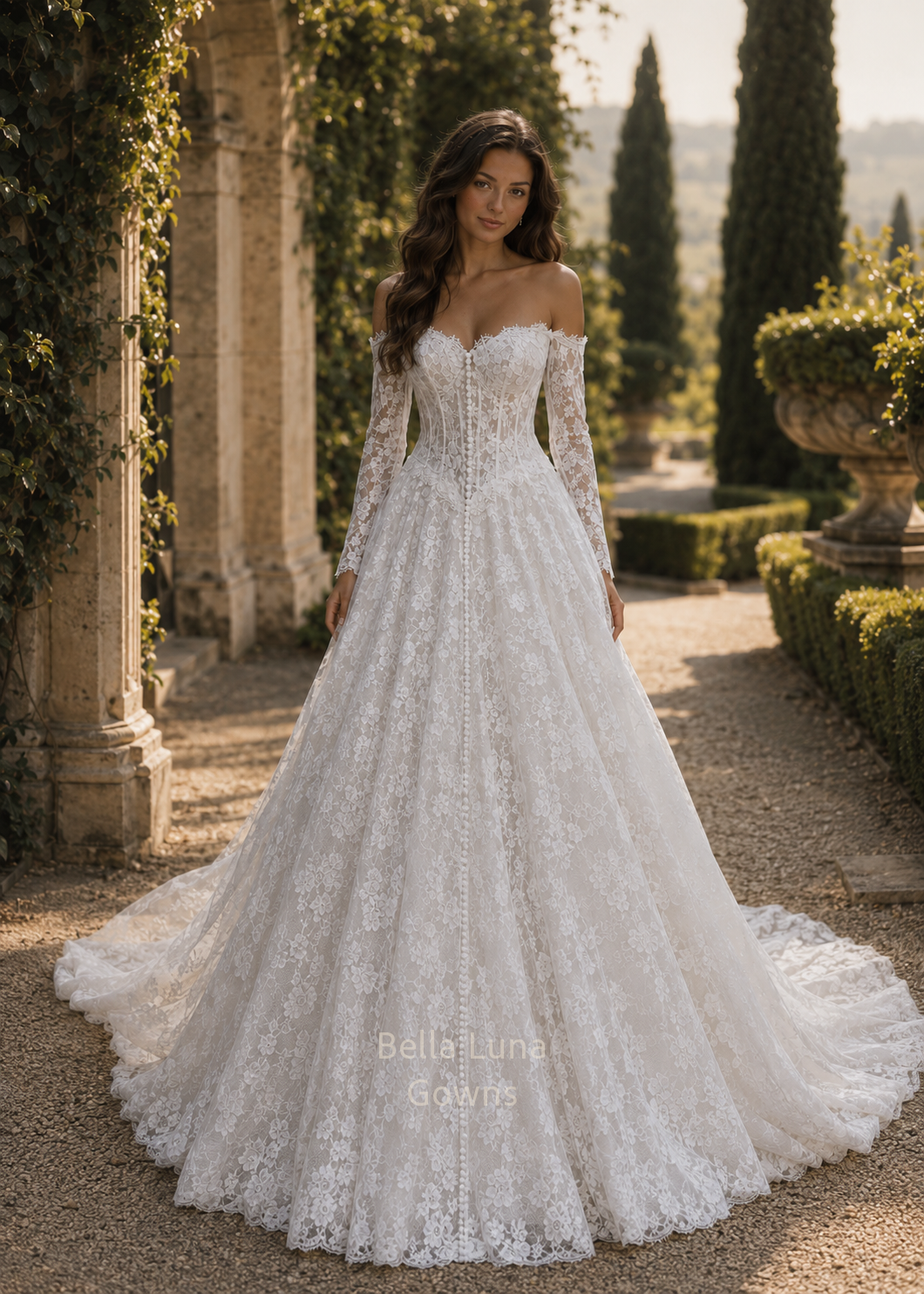 Front view of Estelle A-line wedding gown with corded floral lace, sweetheart corset bodice and center front buttons on model
