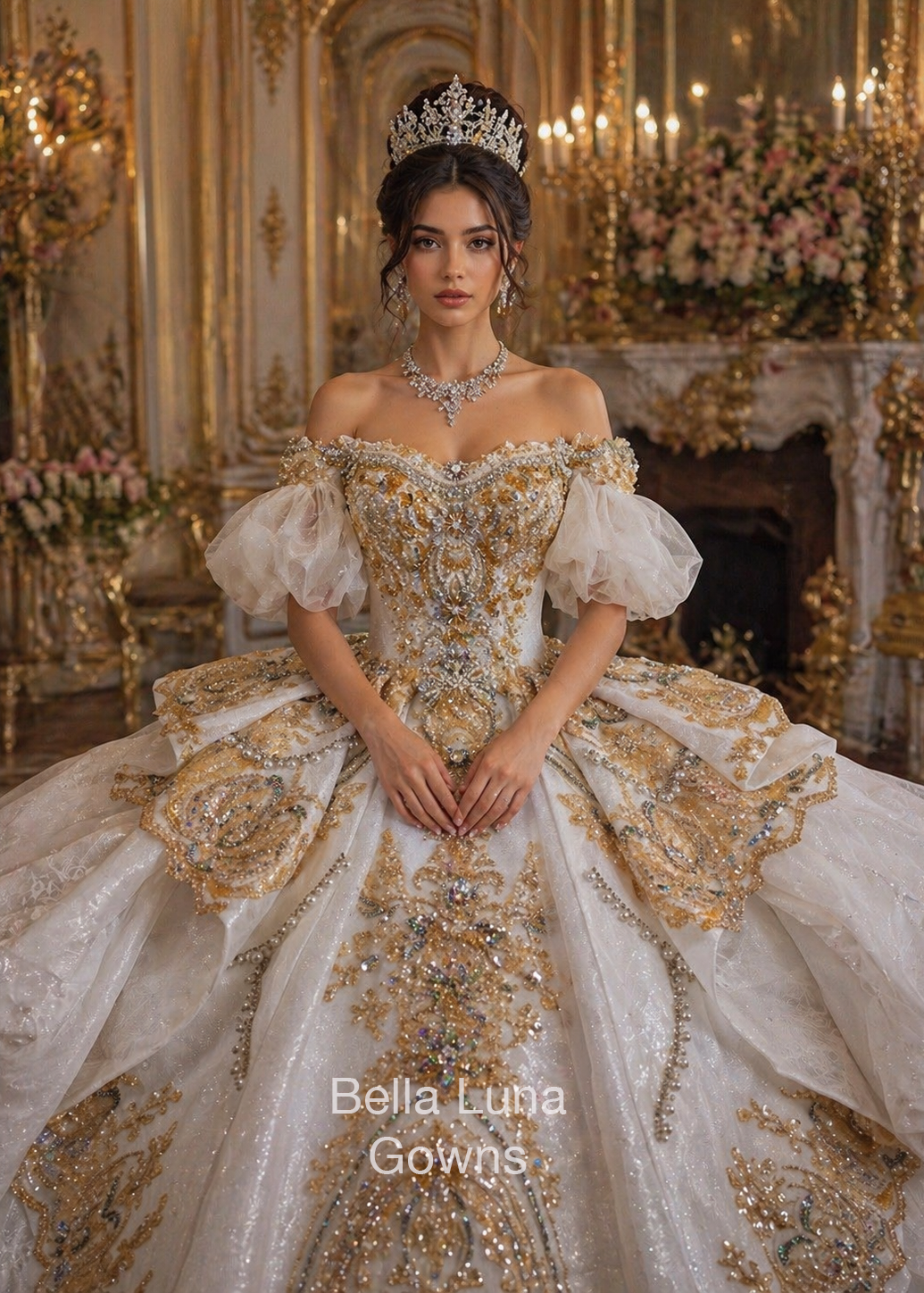 White & Gold Love Story Quinceañera Ball Gown