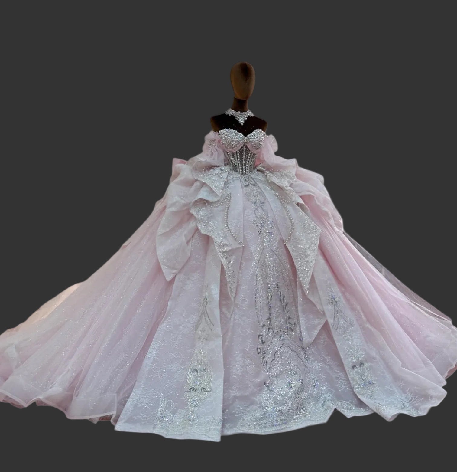 Amorette blush pink princess ball gown with layered organza and glitter tulle skirt