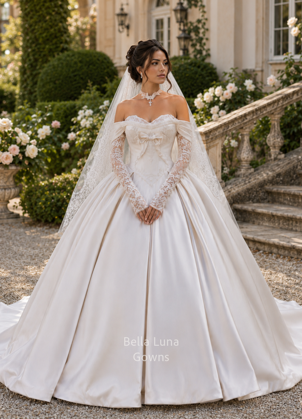 Front view of Élisabeth off-white satin bridal gown with pointed corset waist, lace detailing, and centered satin bow