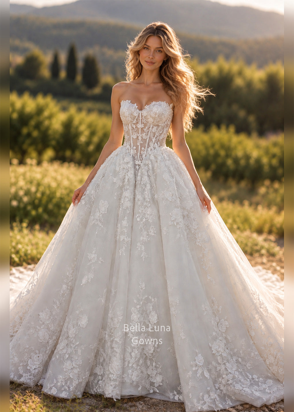 Arabella Shimmer lace bridal ball gown front view on mannequin with sheer corset bodice and full tulle skirt styled with matching veil on model
