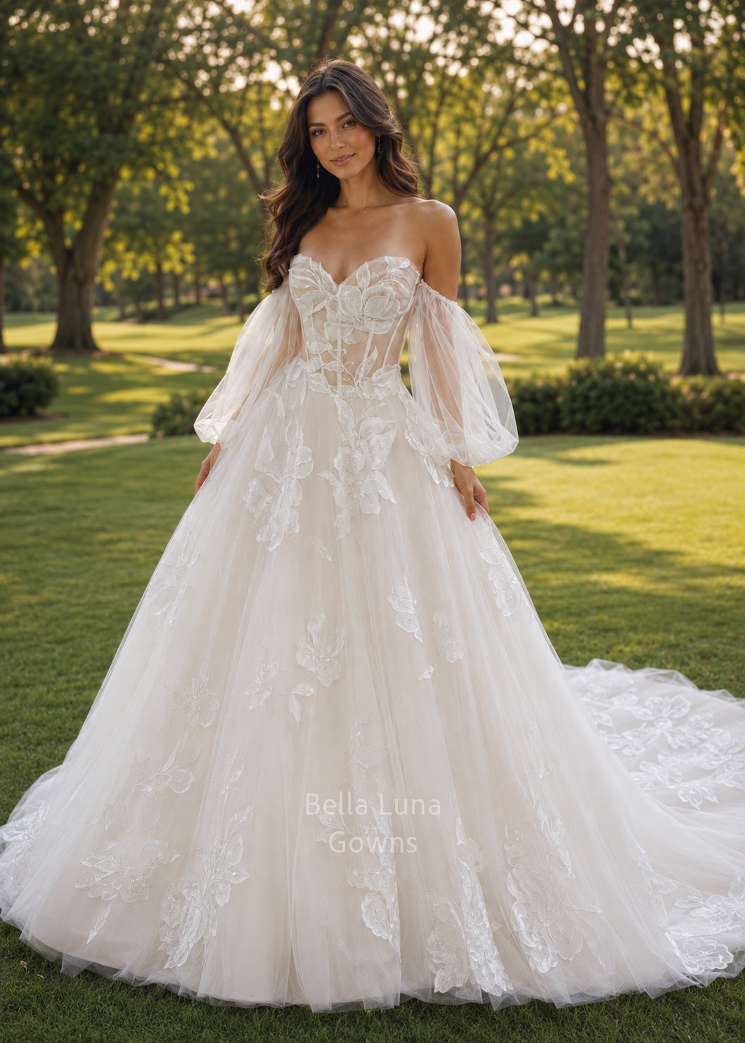 front view of the Florienne off-white floral lace wedding gown with a sheer corset bodice, draped tulle sleeves, and romantic A-line skirt on model.