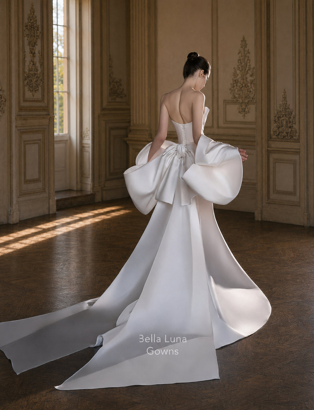 Back view of Solange mermaid wedding gown with wide satin statement train