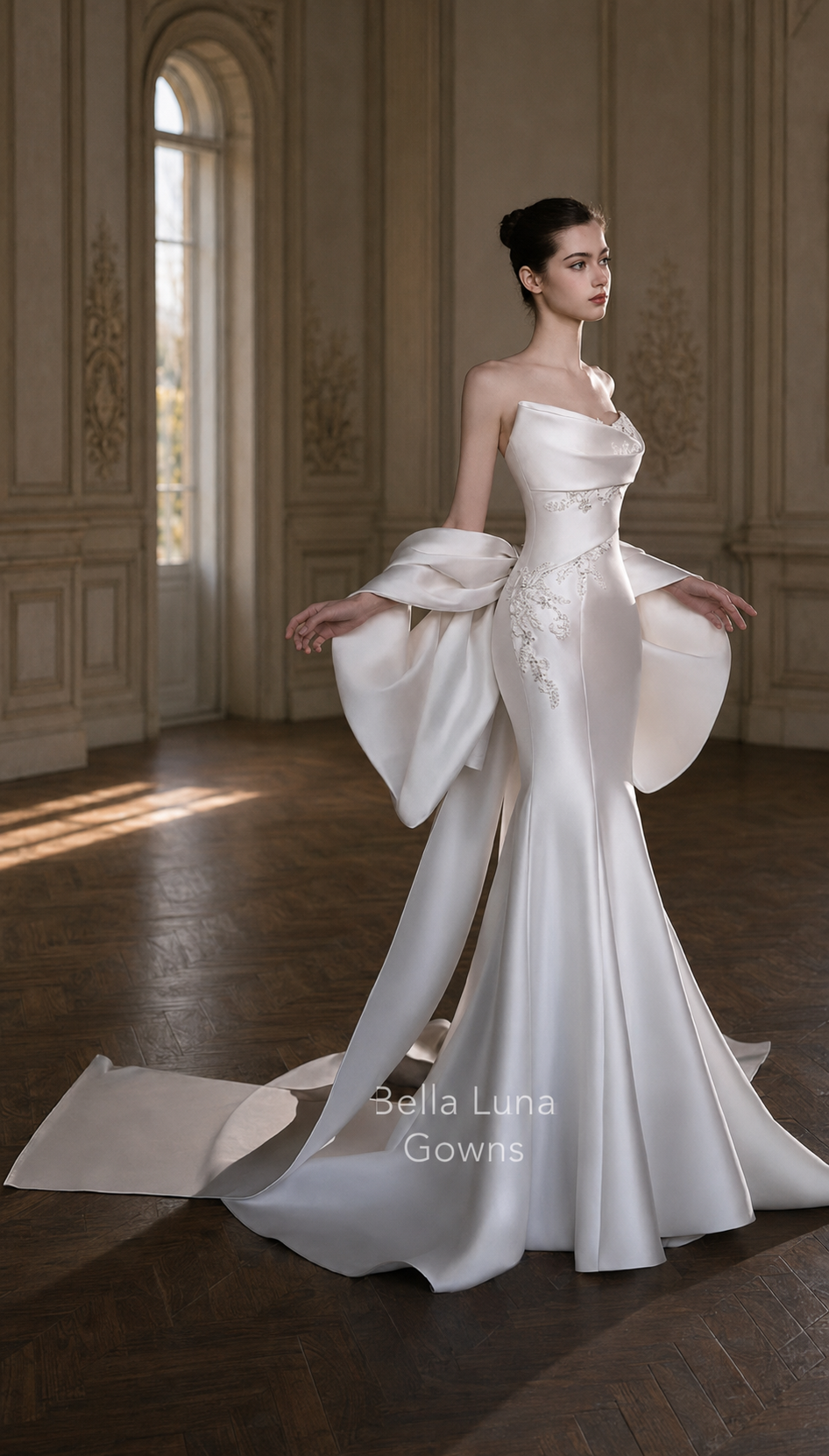 Solange corset-back wedding dress with oversized detachable satin bow
