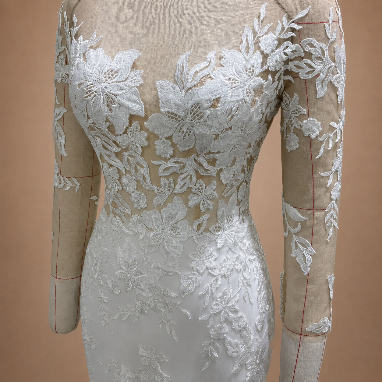 Mélisande- illusion bateau bodice with plunging center inset and embroidered floral appliqués