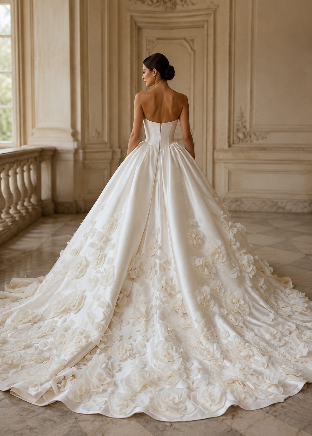 Back view of Camellia Royale premium Mikado satin wedding gown with zipper closure and a floral cathedral train.
