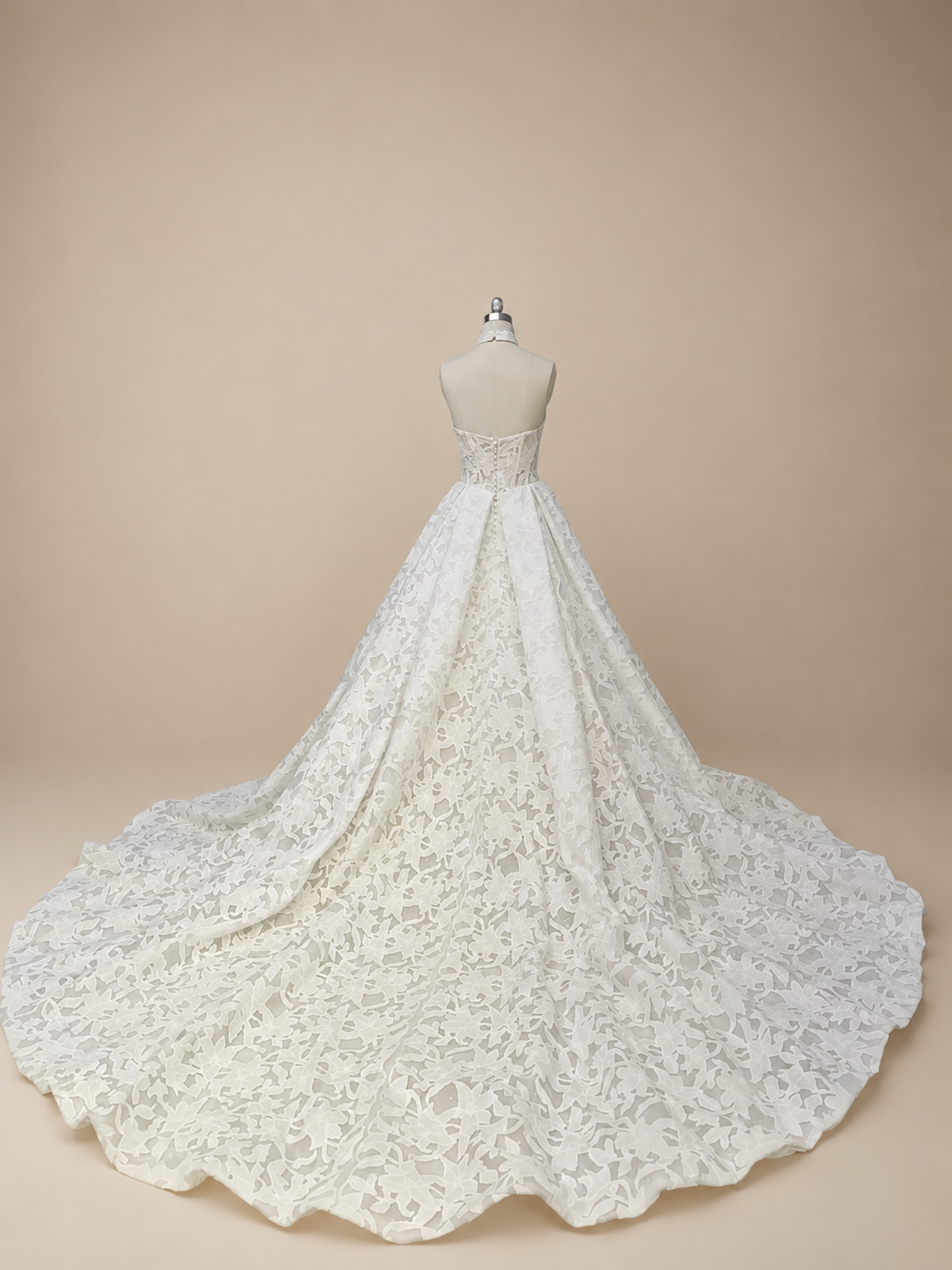 Back view of Solenne embroidered floral lace A-line wedding dress with sweeping extended train