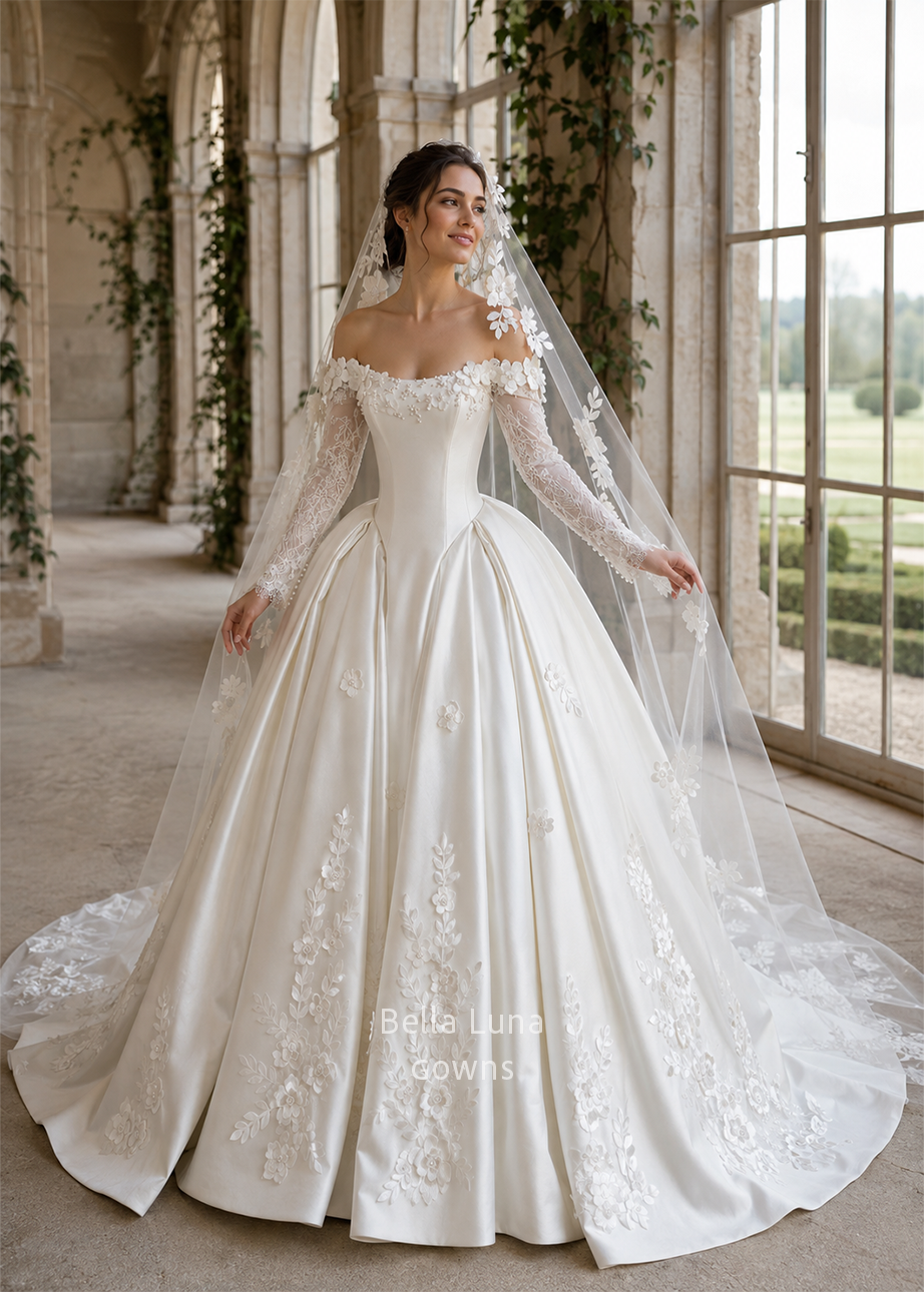 Front three-quarter view of the Aveline satin wedding gown with off-the-shoulder lace sleeves, floral appliqués and coordinating veil sold separately