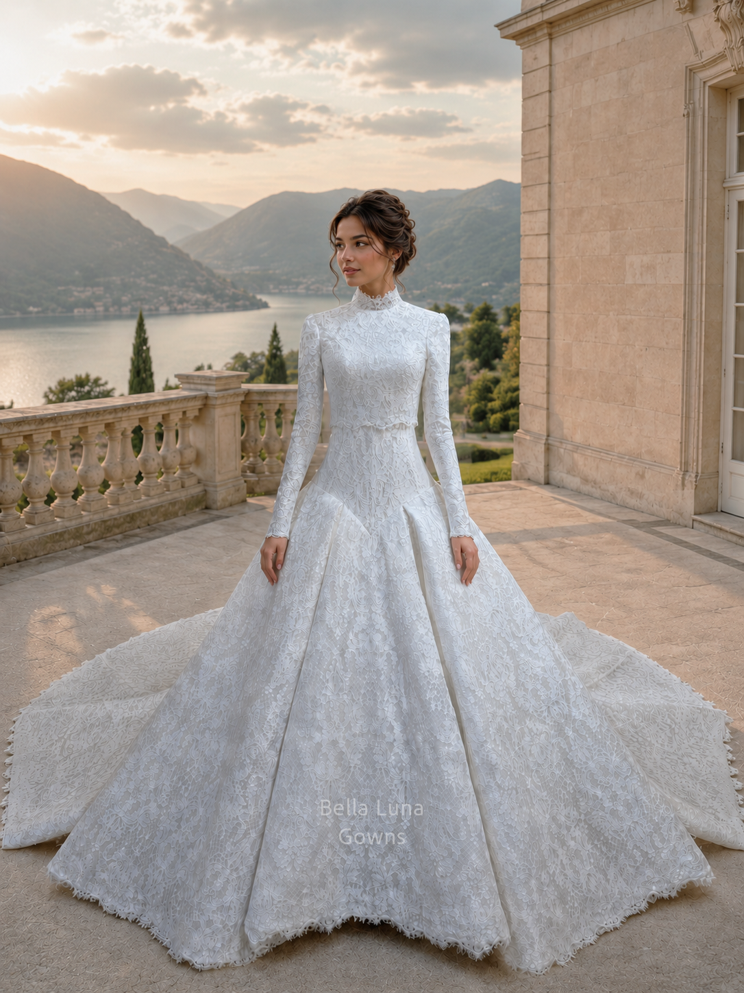Isolde two-piece French lace drop waist wedding dress with cathedral train at sunset
