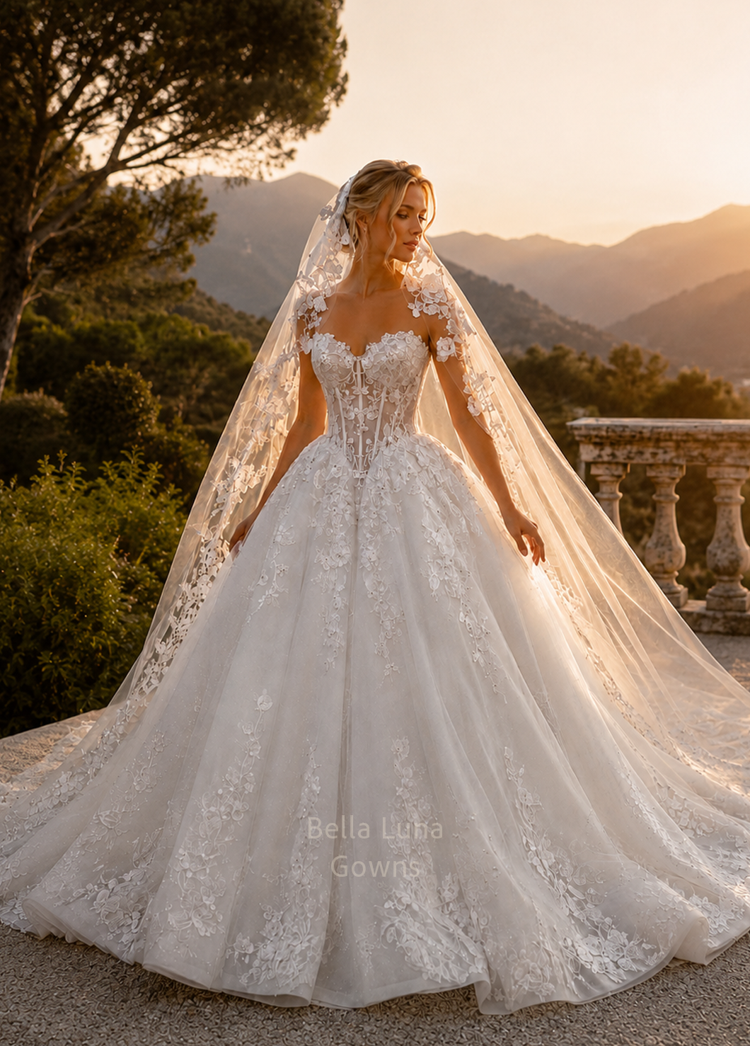 Arabella Shimmer lace bridal ball gown front view on mannequin with sheer corset bodice and full tulle skirt styled with matching veil on model