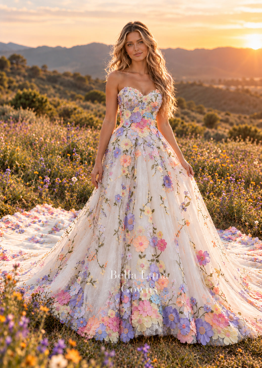The Pastel Reverie pastel floral A-line wedding dress front view on model with sweetheart neckline and embroidered lace