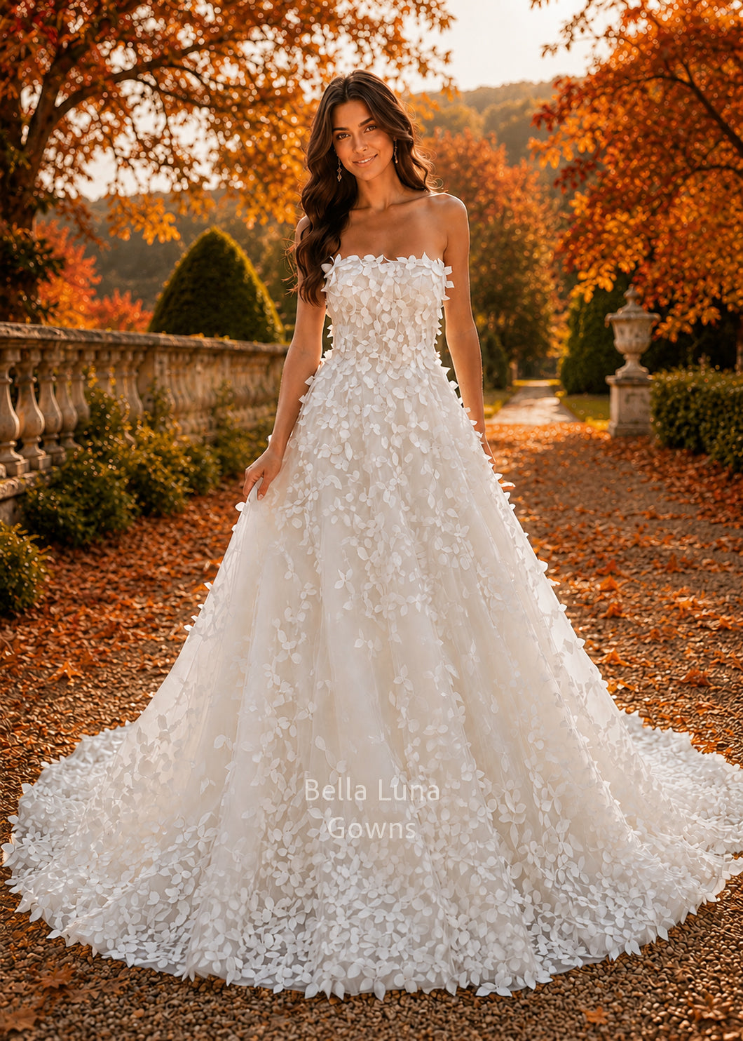 Elowen Blossom off-white bridal ball gown with handmade 3D leaves, straight neckline, full skirt, and cathedral-style train on a model