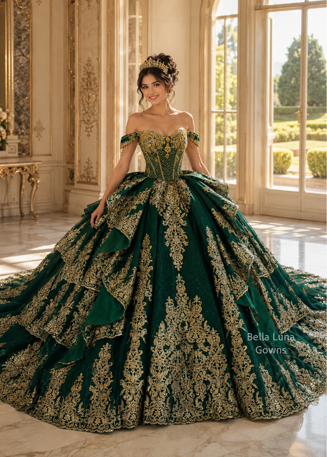 Emerald Dynasty royal green and gold quinceañera gown on model