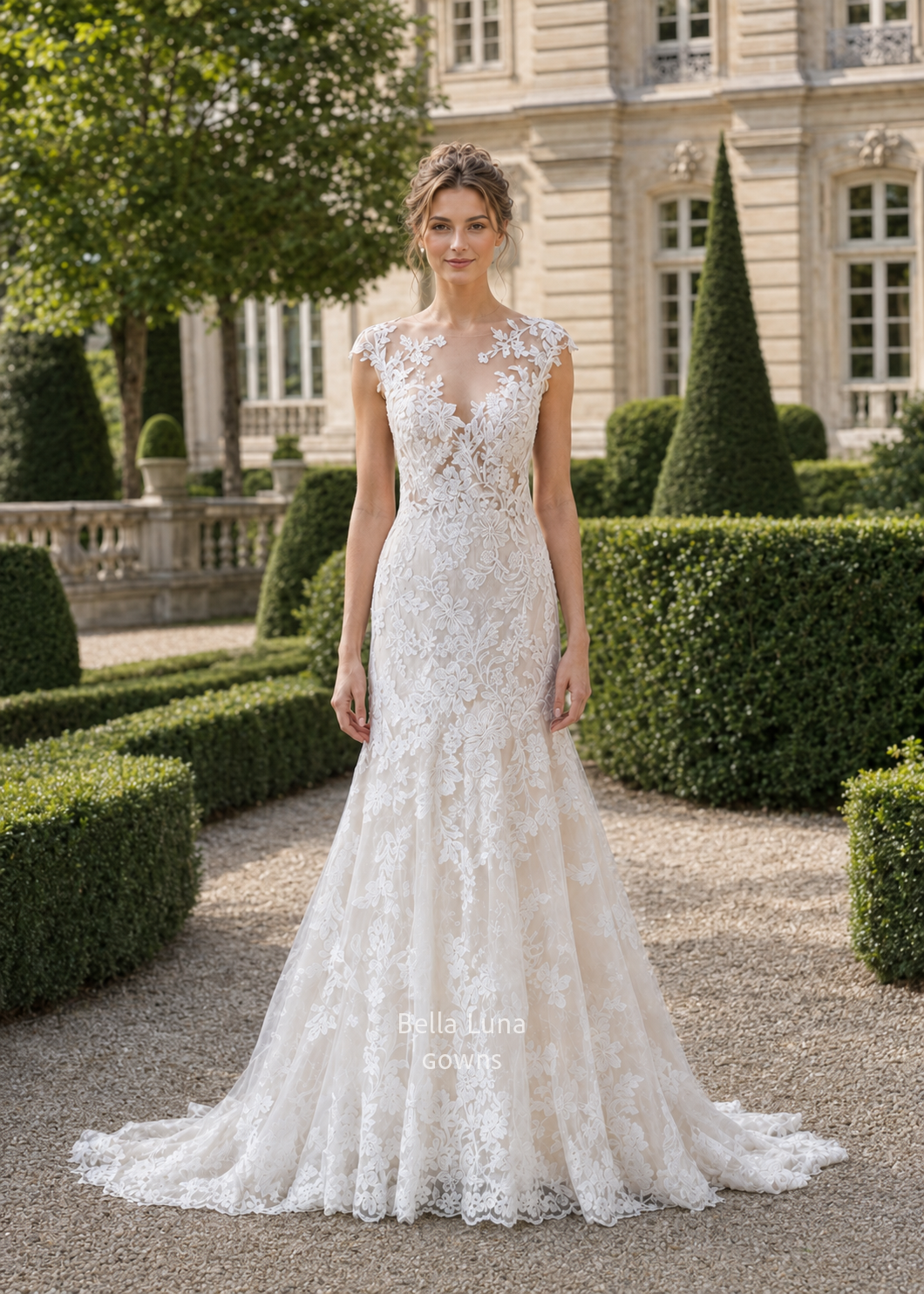 Léontine beaded lace fit-and-flare wedding dress with illusion bateau neckline and cap sleeves