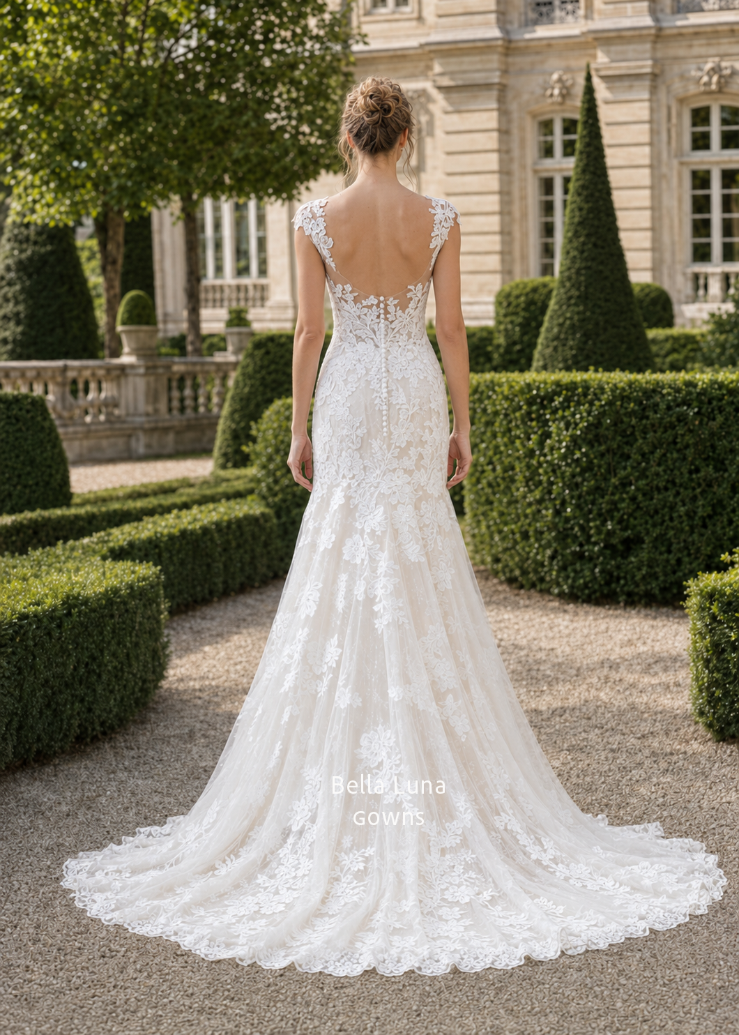 Back of Léontine lace wedding dress with low illusion back, bridal buttons and court train