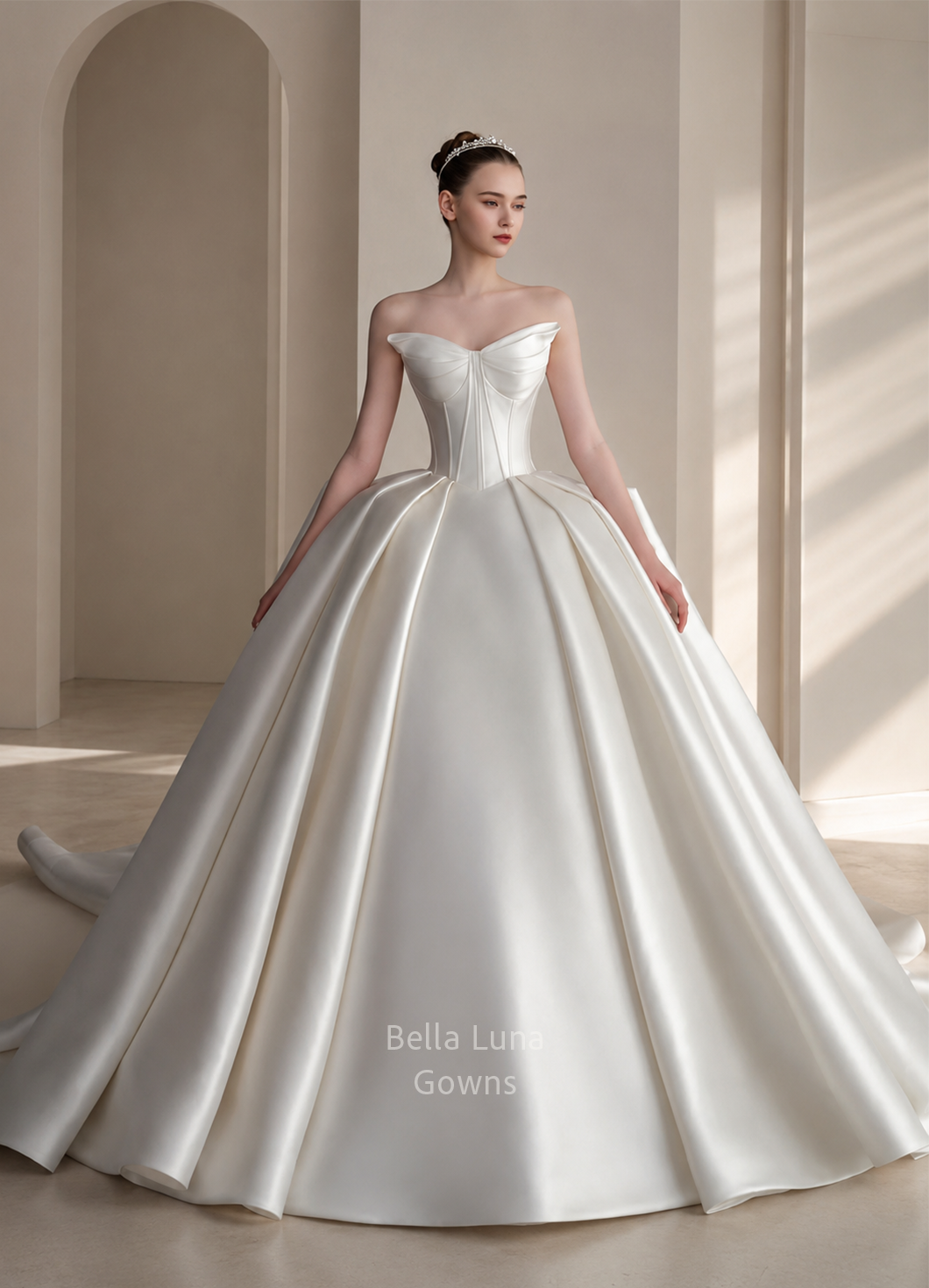 Eleanora minimalist Mikado ball gown wedding dress with sculpted cat-eye neckline and architectural pleated skirt.