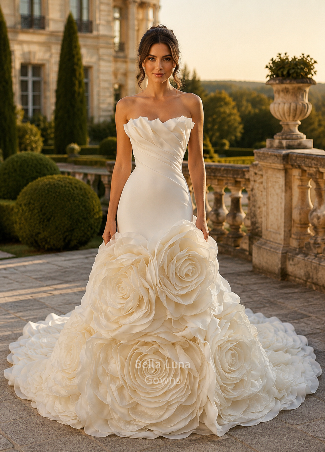Magnolia floral satin wedding dress featuring an elegant draped sweetheart bodice and dramatic handmade oversized floral skirt.