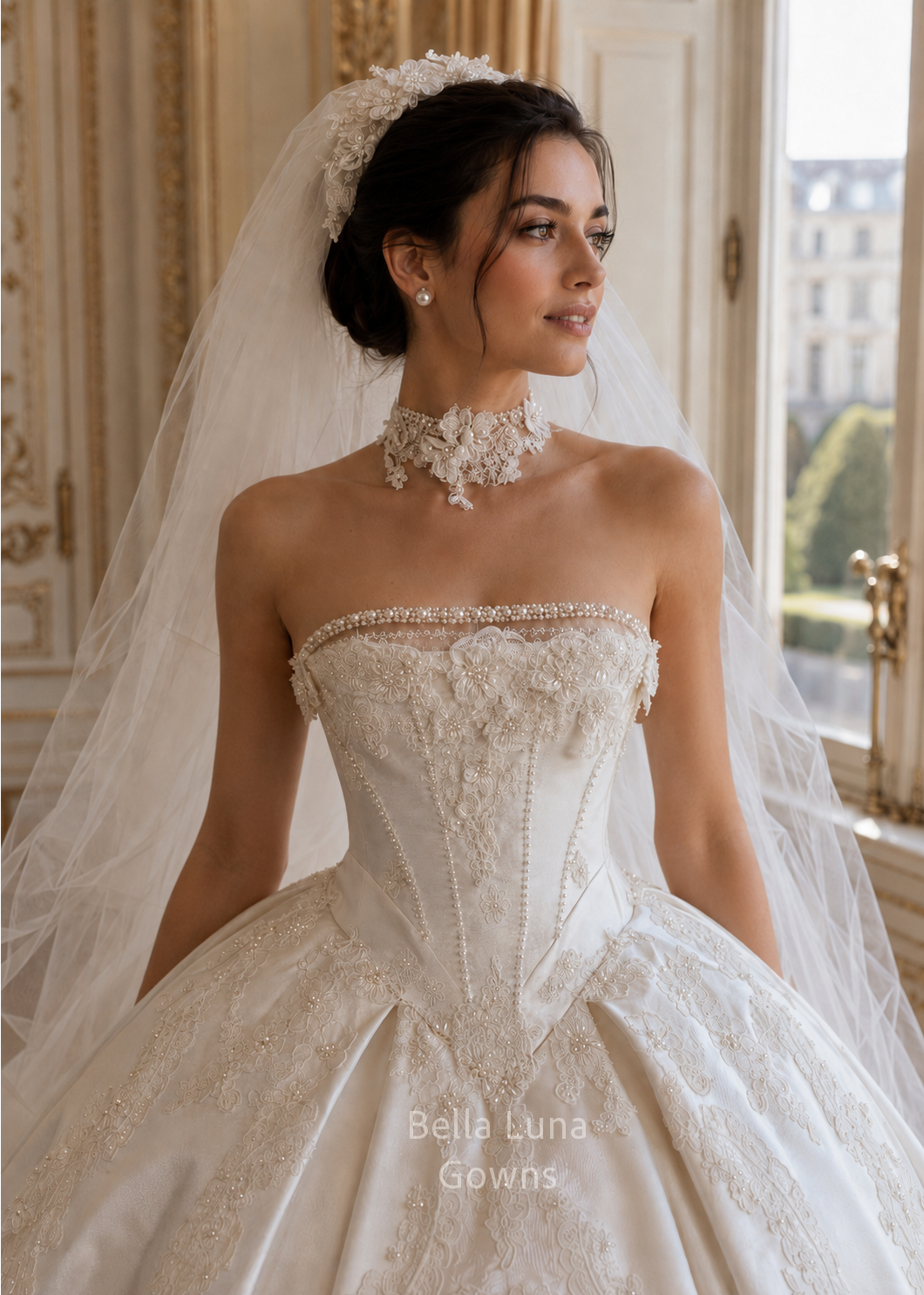 Editorial close-up of Alexandria’s deep basque waist corset, corded French lace, pearl beadwork and detachable lace sleeves.