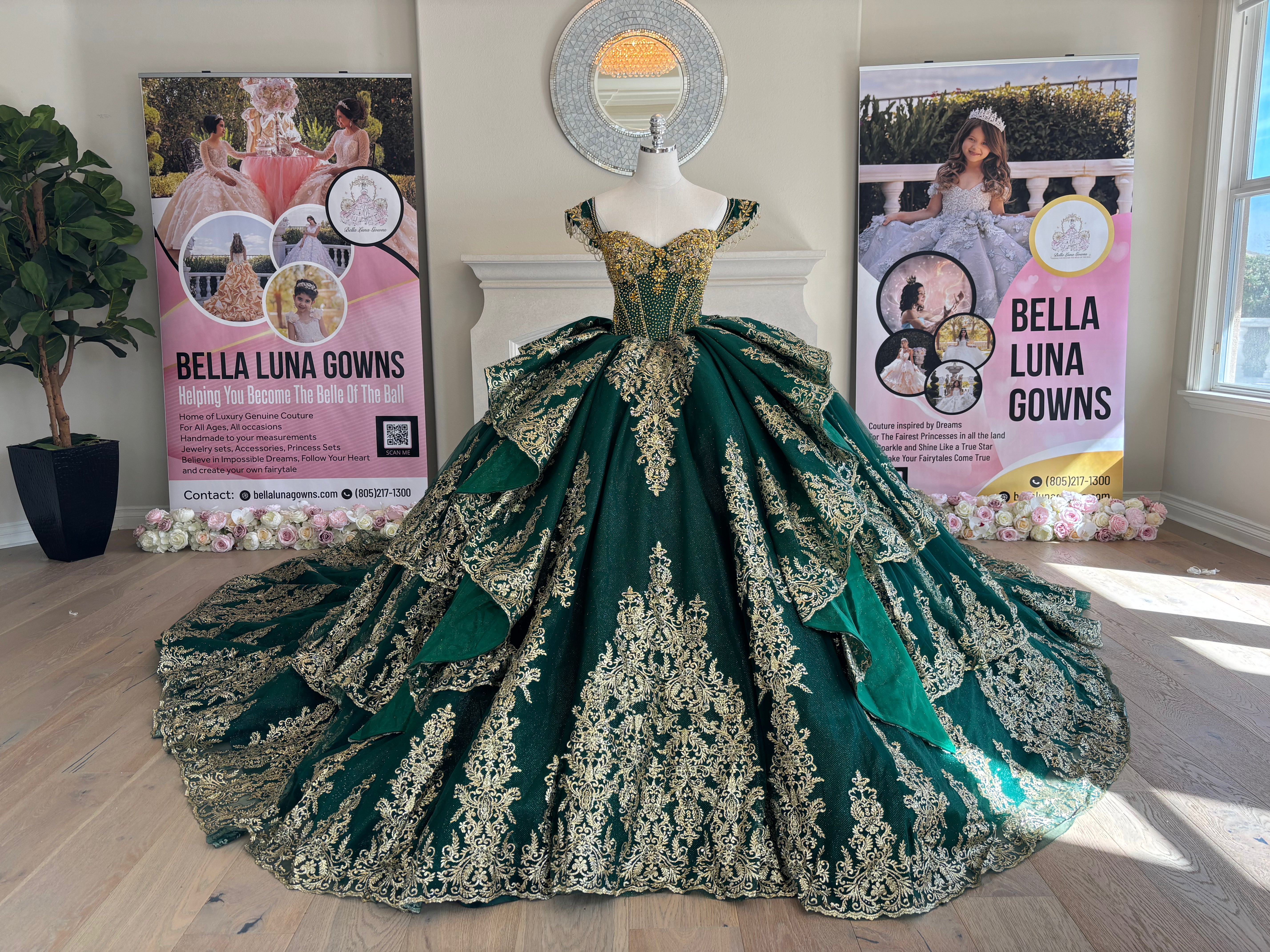 Emerald Dynasty emerald green and gold quinceañera ball gown front view