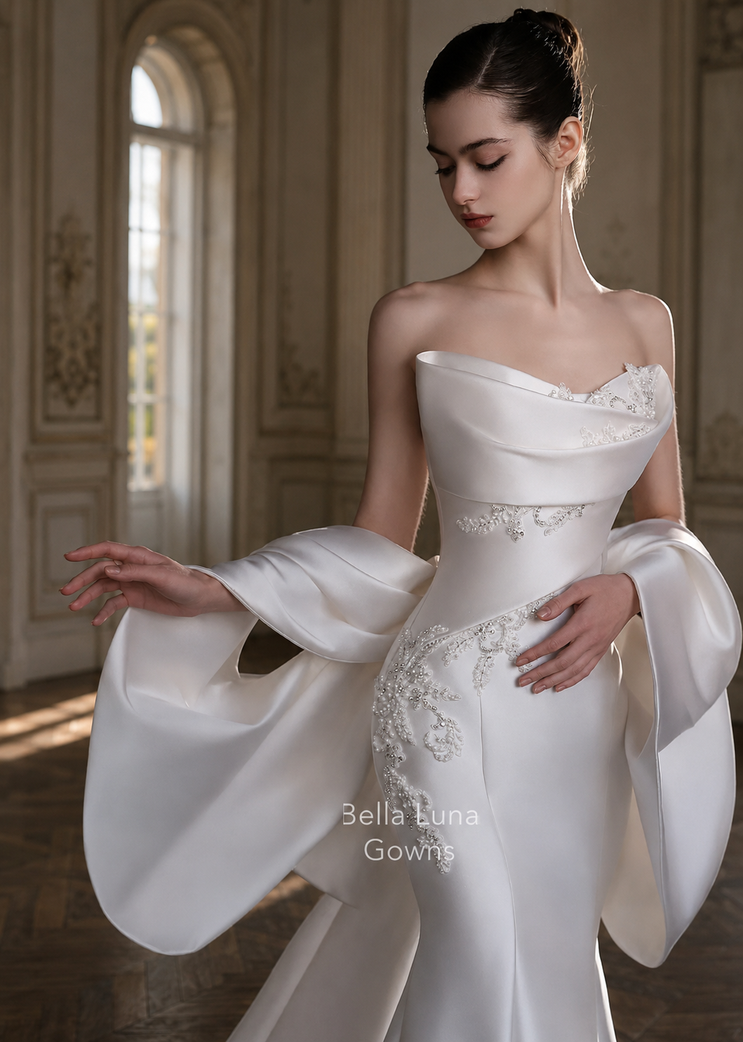 Hand-beaded pearls and crystals on Solange satin wedding dress