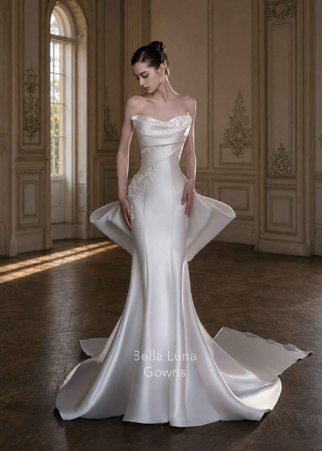 Solange Satin Mermaid Wedding Dress with Detachable Bow Regular Couture Size