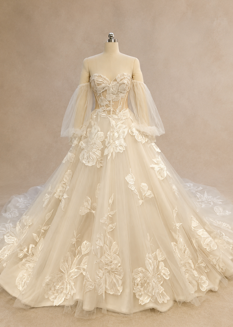 Florienne off-white floral sequin beaded embroidered A-line wedding dress with illusion corset bodice and chapel train