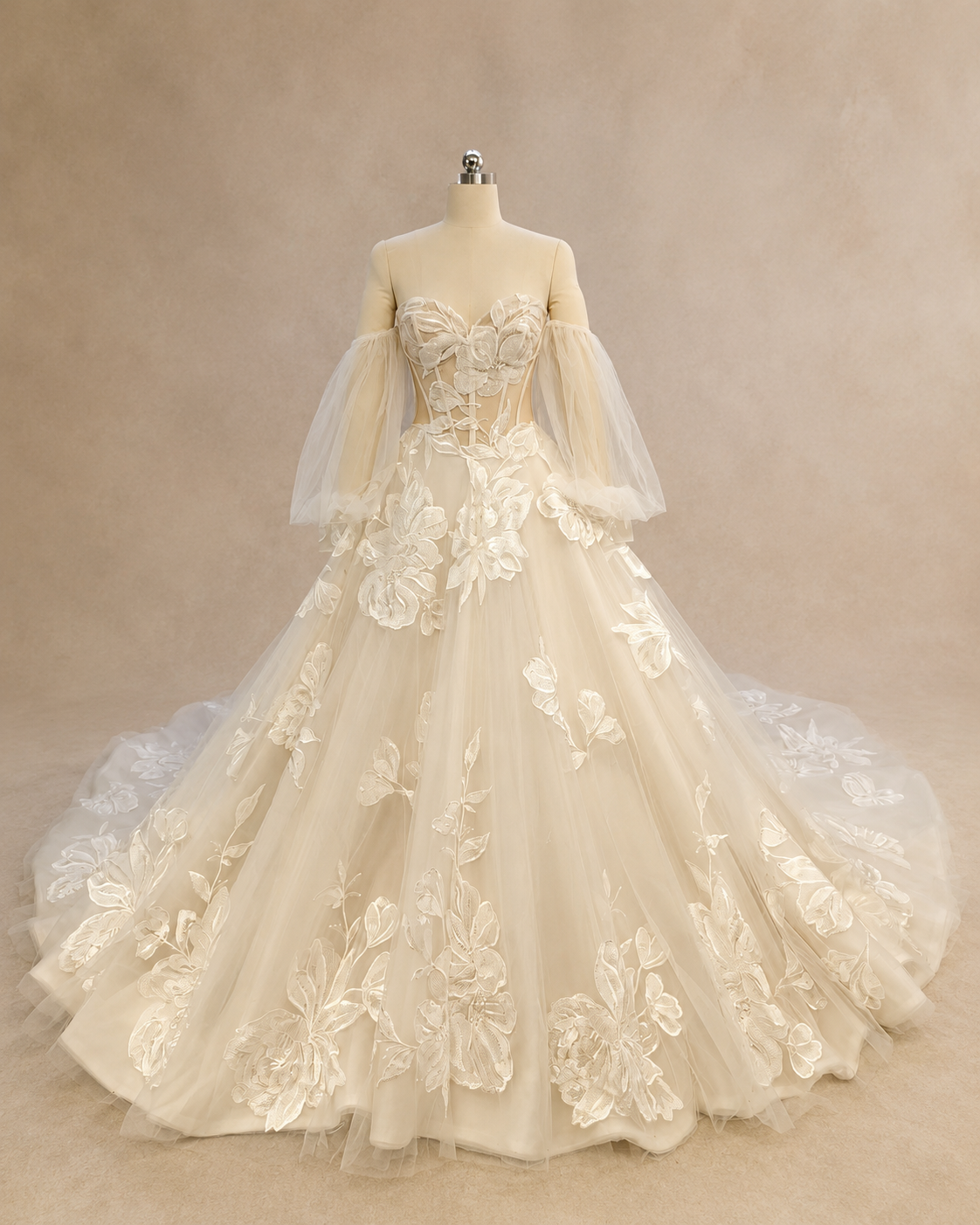 Florienne off-white floral embroidered A-line wedding dress with illusion corset bodice and chapel train