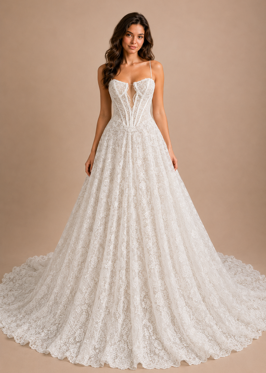 A woman modeling a white lace wedding gown with thin straps, a sweetheart neckline, a fitted corset-style bodice, and a full flared skirt with a long train, photographed against a plain warm beige studio background.