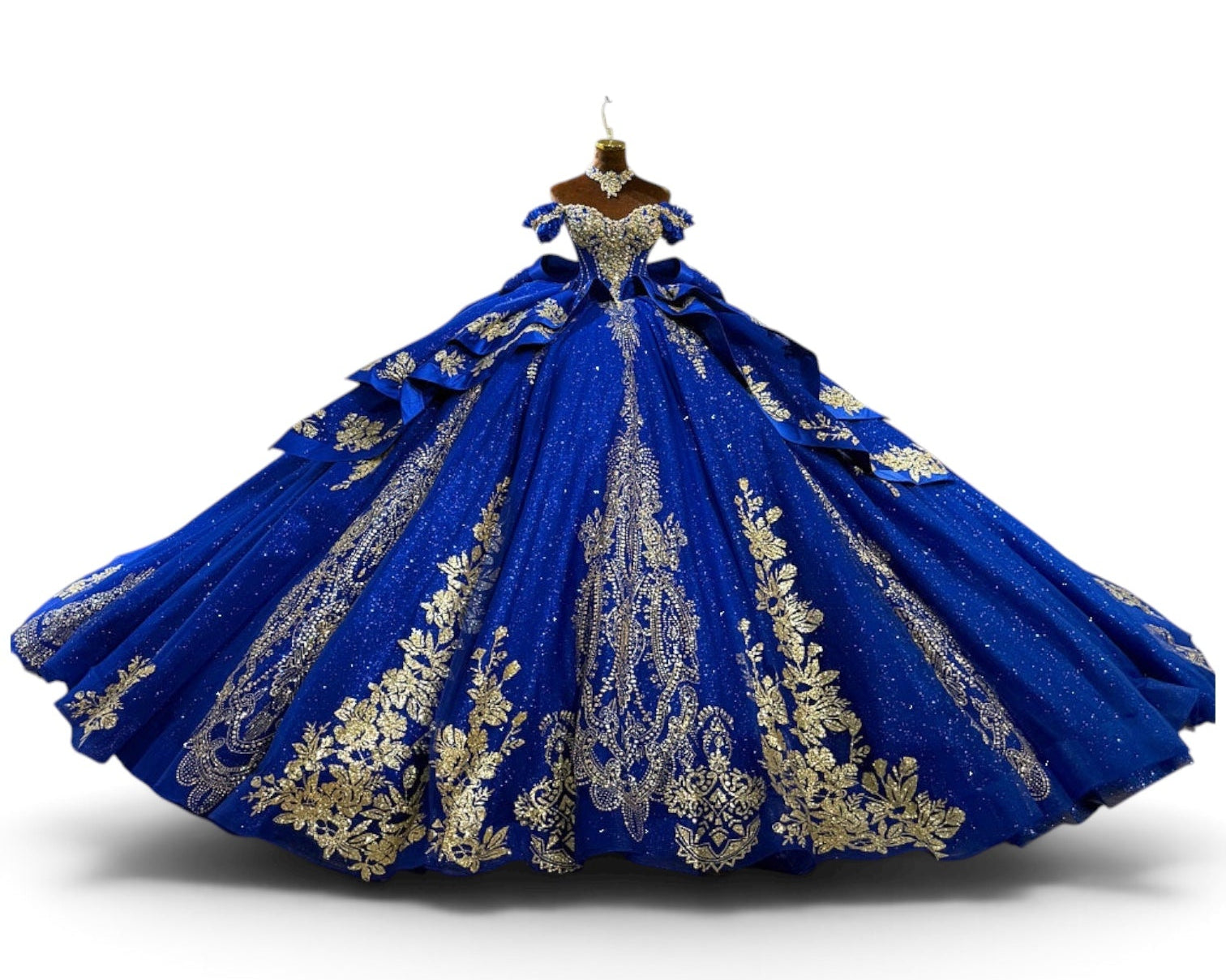 Front view of Imperial Azure blue quinceañera gown with gold floral lace

