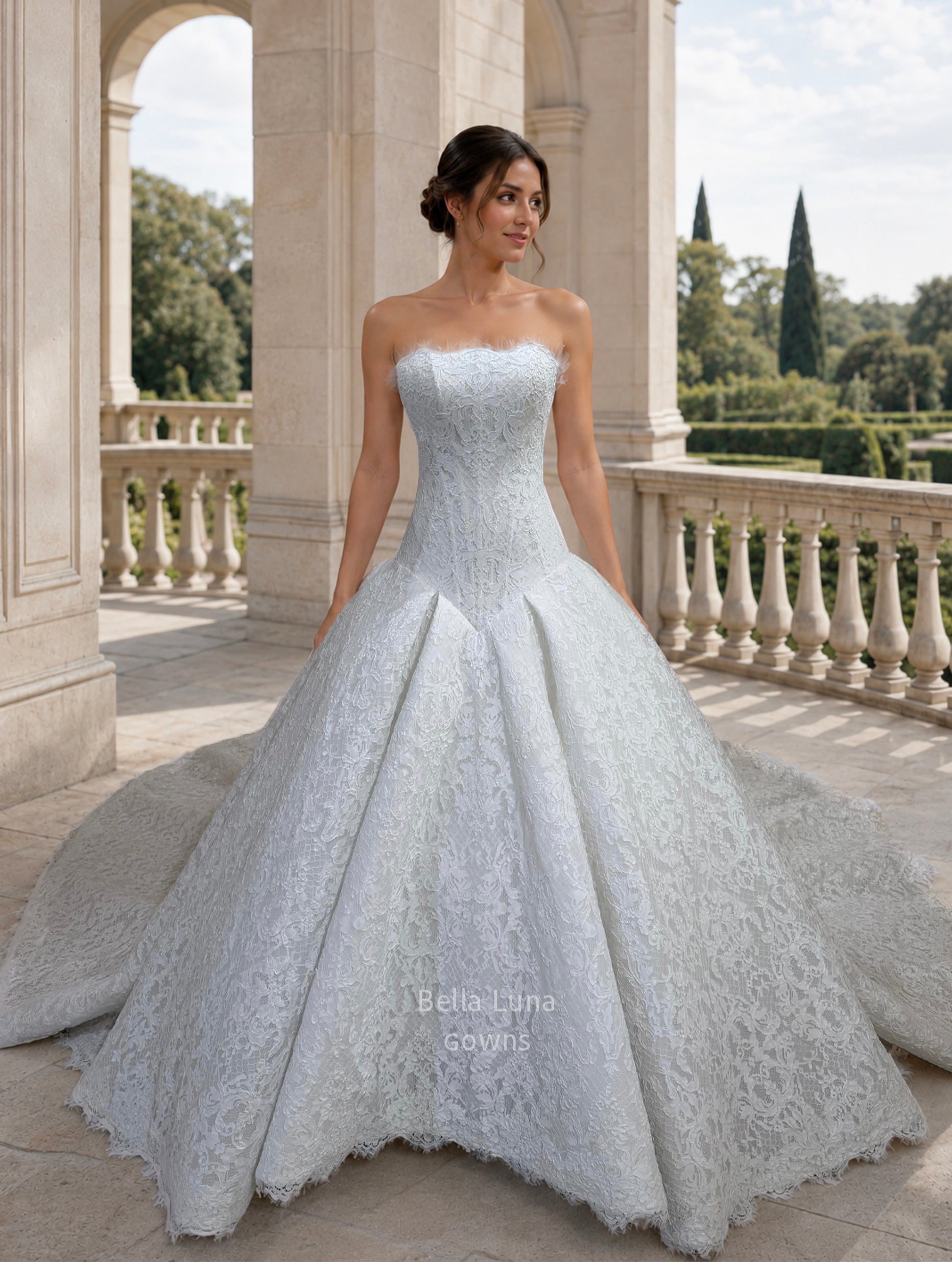Front view of Isolde French lace drop waist wedding dress with cathedral train 
