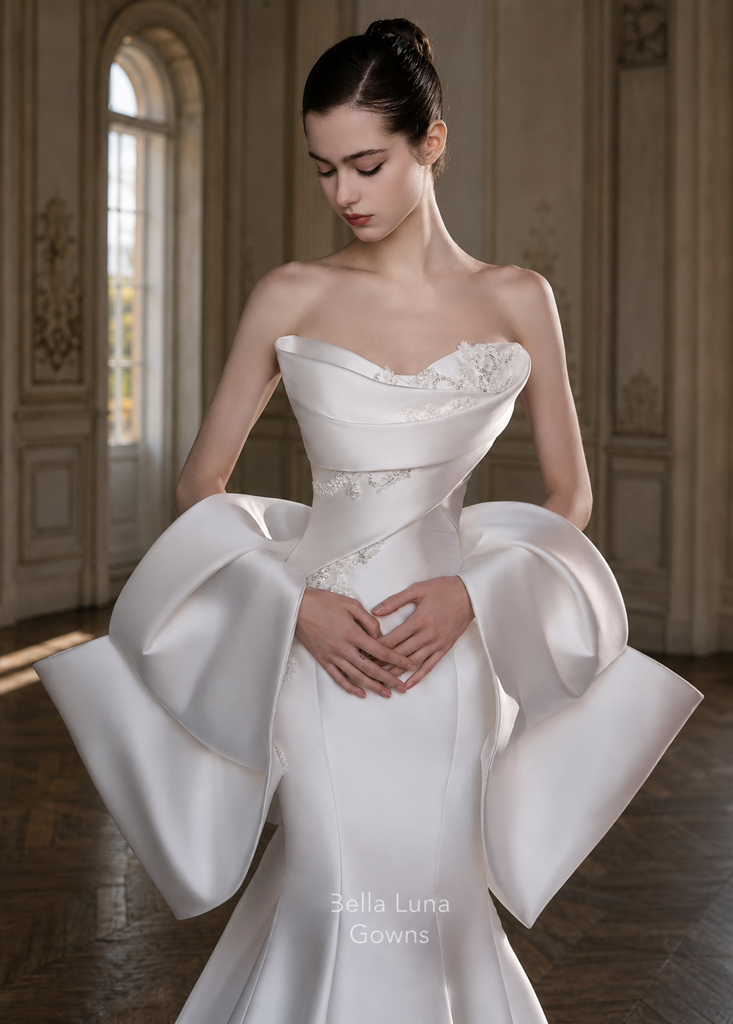 Solange satin bodice with sculptural asymmetric neckline and collar